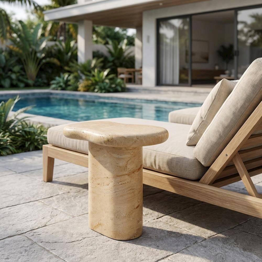 Left. Outdoor Escape - Outdoor Side Table, Textured Faux Surface, Neutral Finish, Indoor Or Outdoor Use - Gray.