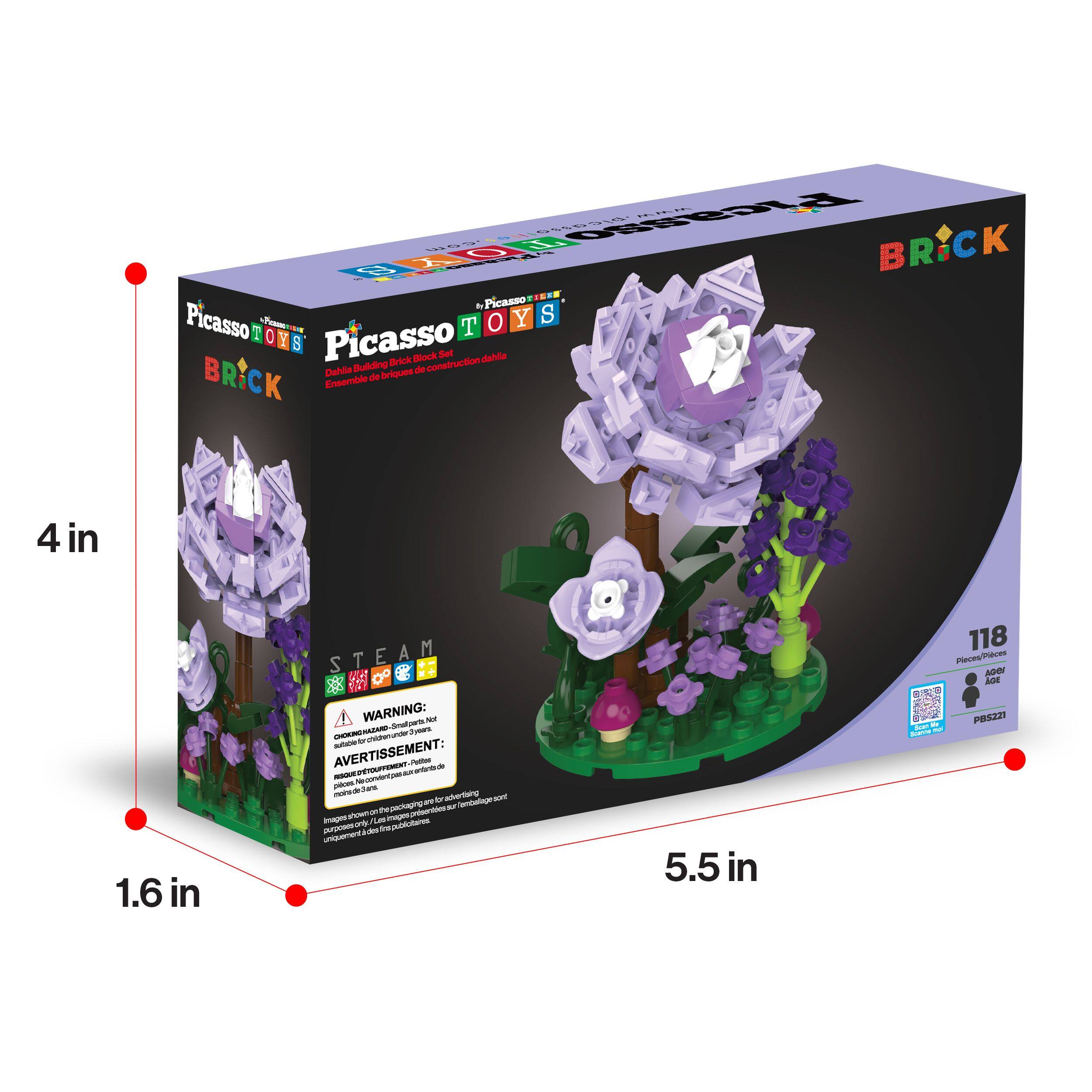 Picasso TOYS BRICK  
Dahlia Building Brick Set  
Ensemble de briques de construction détaillé  
4 in 1.6 in 5.5 in  
118  
WARNING:  
CHOKING HAZARD - Small parts. Not for children under 3 years.  
AVERTISSEMENT:  
RISQUE D'ÉTINCELLE - Petits morceaux. Ne convient pas aux enfants de moins de 3 ans.