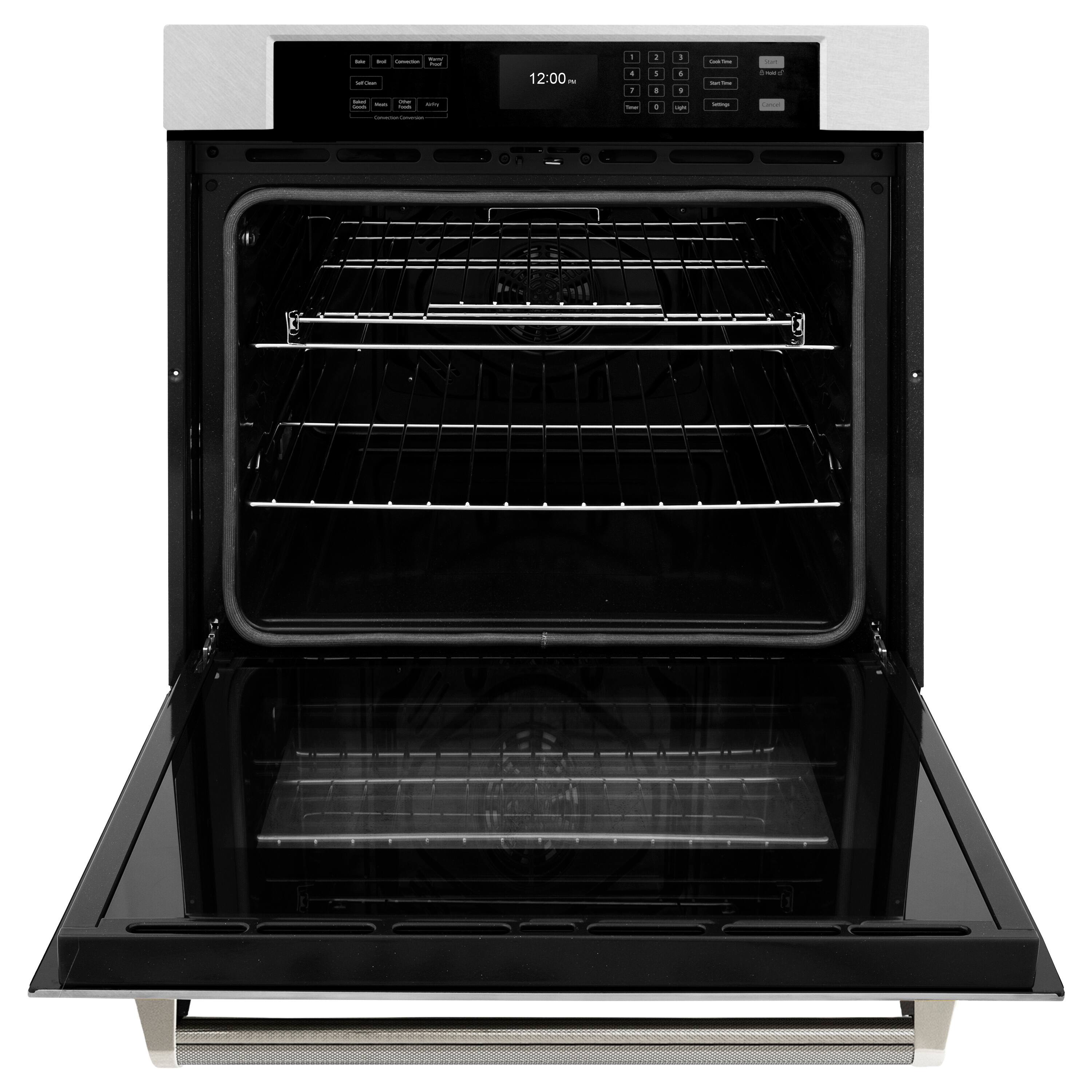 Angle. ZLINE - ZLINE Autograph 30 in. True Convection Single Wall Oven in Satin Steel with Nickel Helix Handle (WASSZ-30-KPN) - Satin Stainless Steel.