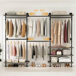 Aheaplus - Wall-Mounted Pipe Clothing Rack with Shelves, Width Adjustable Garment Rack, L-Shaped/Straight Reversible - Gray Oak