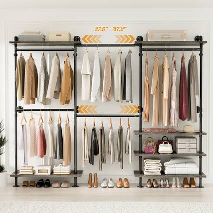 Front. Aheaplus - Wall-Mounted Pipe Clothing Rack with Shelves, Width Adjustable Garment Rack, L-Shaped/Straight Reversible - Gray Oak.