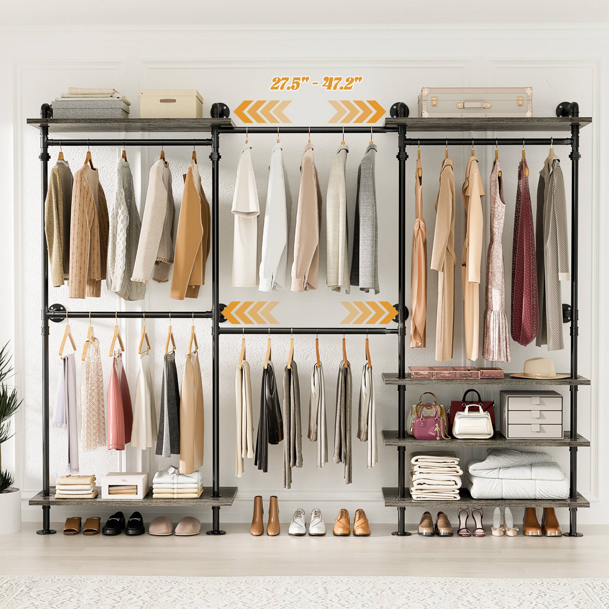 Front. Aheaplus - Wall-Mounted Pipe Clothing Rack with Shelves, Width Adjustable Garment Rack, L-Shaped/Straight Reversible - Gray Oak.