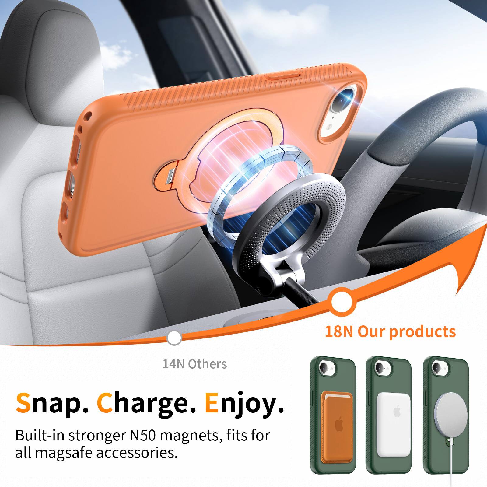 18N Our products  
14N Others  
Snap. Charge. Enjoy.  
Built-in stronger N50 magnets, fits for all mag safe accessories.