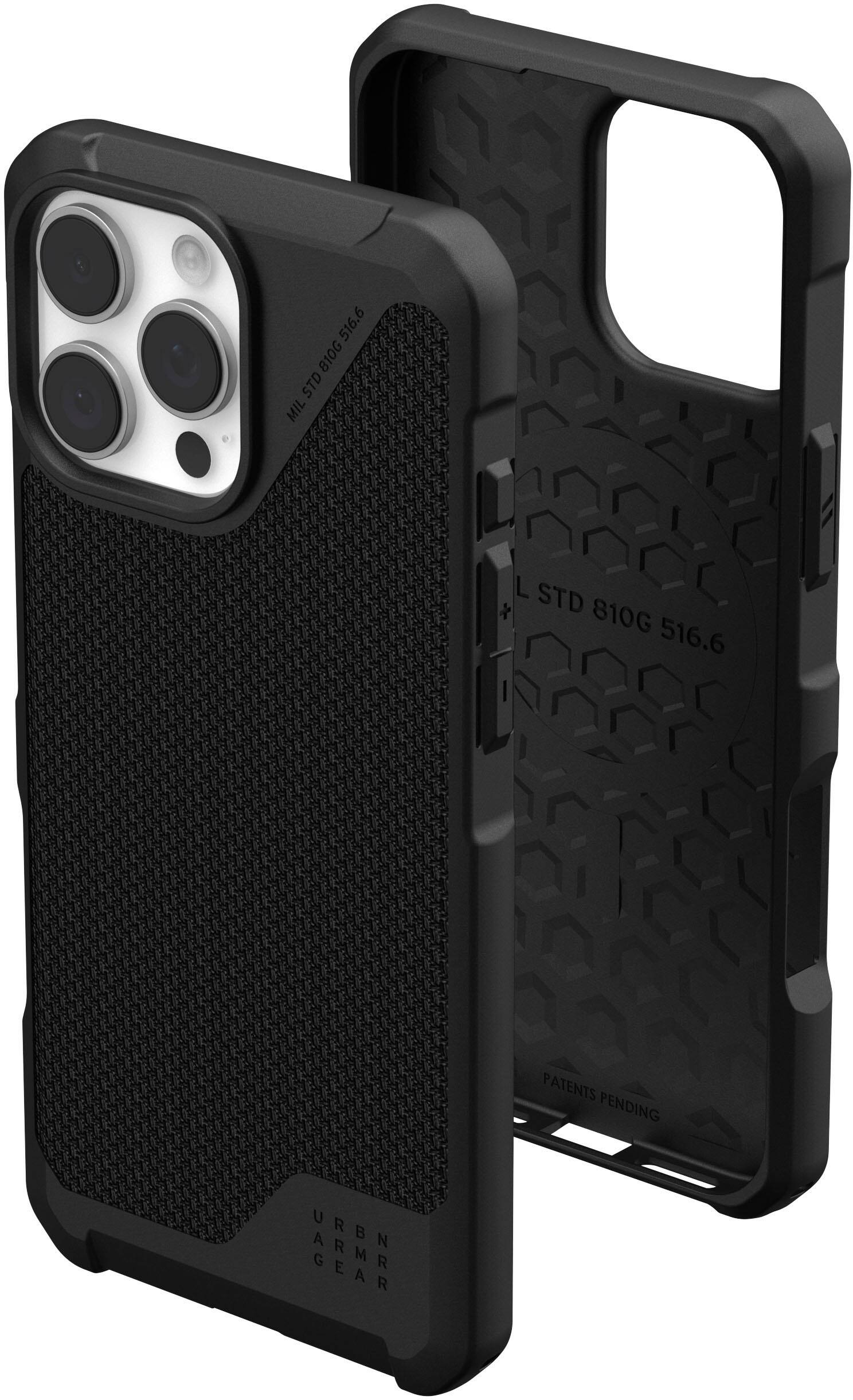 The image features a black case for a smartphone, which is designed to meet the MIL STD 810G standard. The case is made by URBN ARMR GEAR, and it is patent pending. The case is designed to provide protection for the phone while also allowing the user to access the camera and other features. The case is shown in a close-up view, highlighting its durability and functionality.