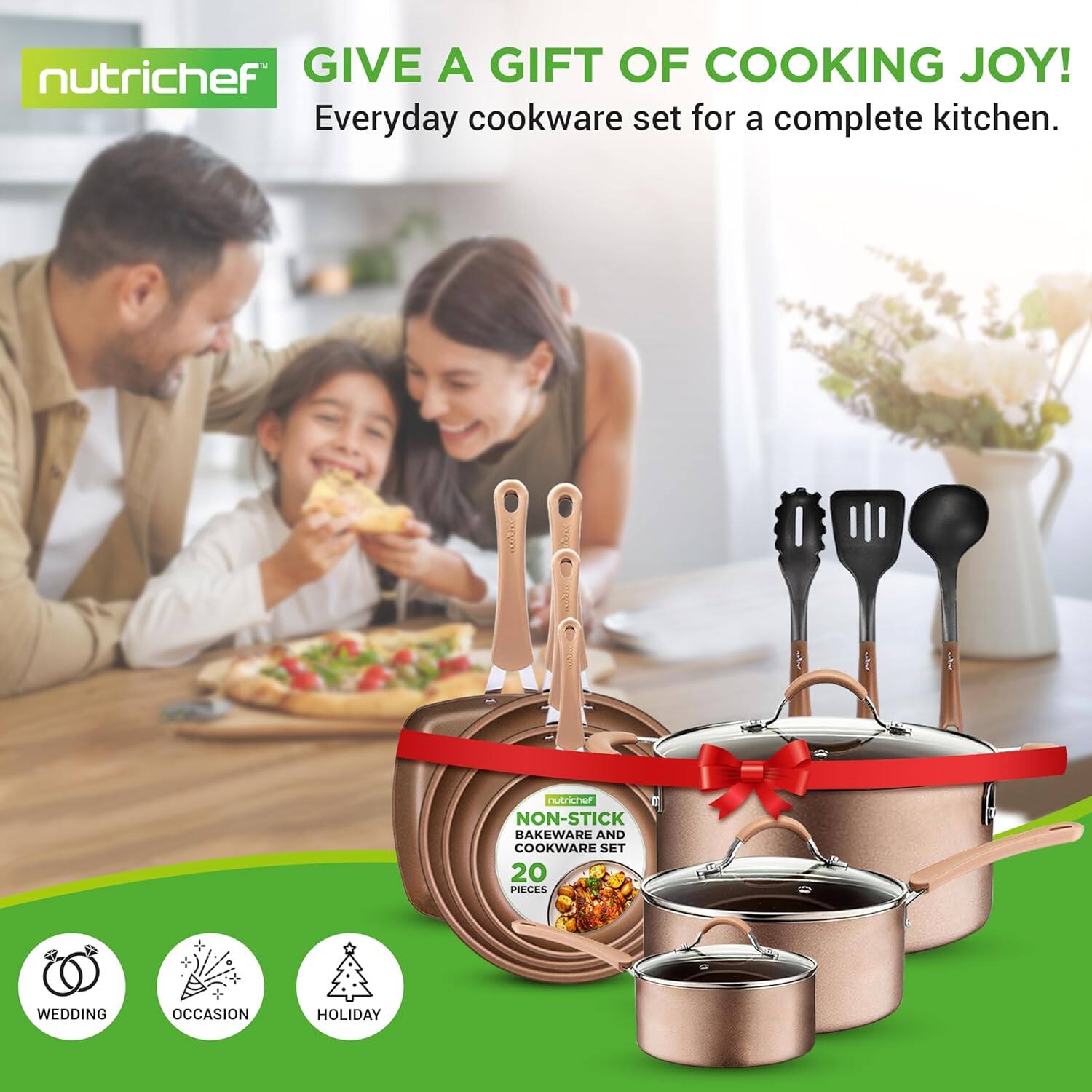 nutrichef GIVE A GIFT OF COOKING JOY! Everyday cookware set for a complete kitchen. nutrichef NON-STICK BAKEWARE AND COOKWARE SET 20 PIECES WEDDING + OCCASION HOLIDAY