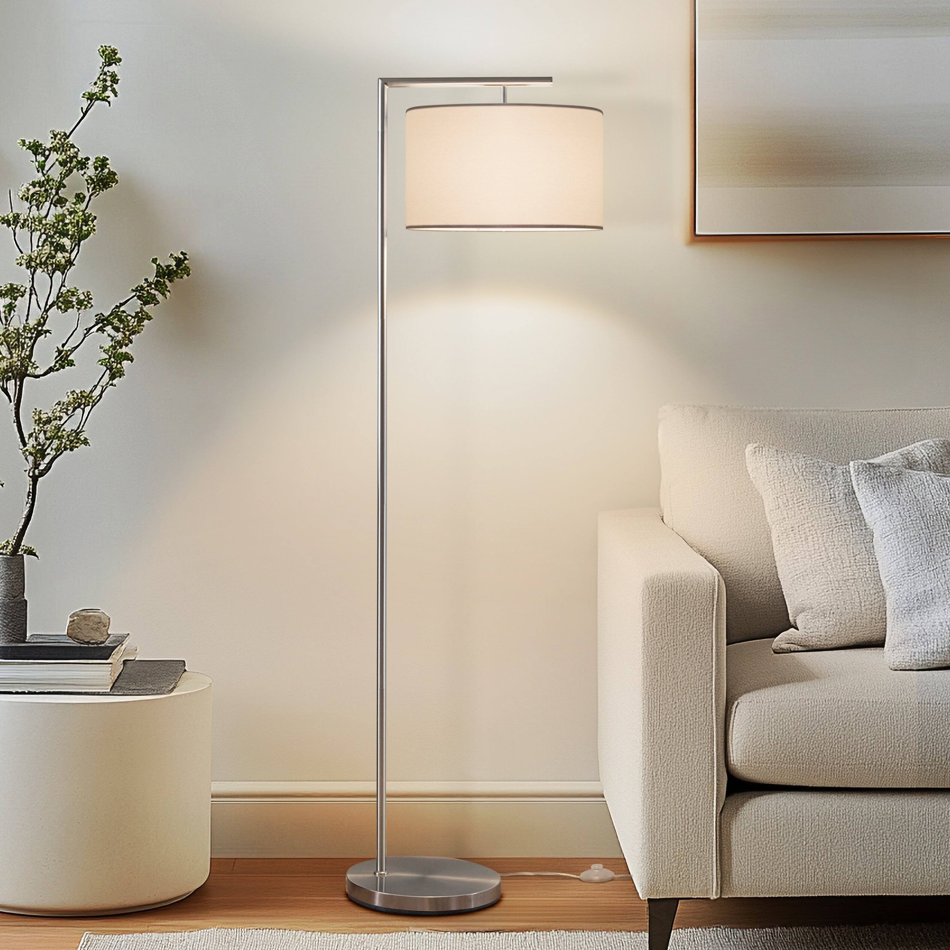 Angle. Brightech - Montage Modern LED Midcentury Modern Arc Super Bright Floor Lamp with Ivory White Fabric Drum Shade - Brushed Satin Nickel.