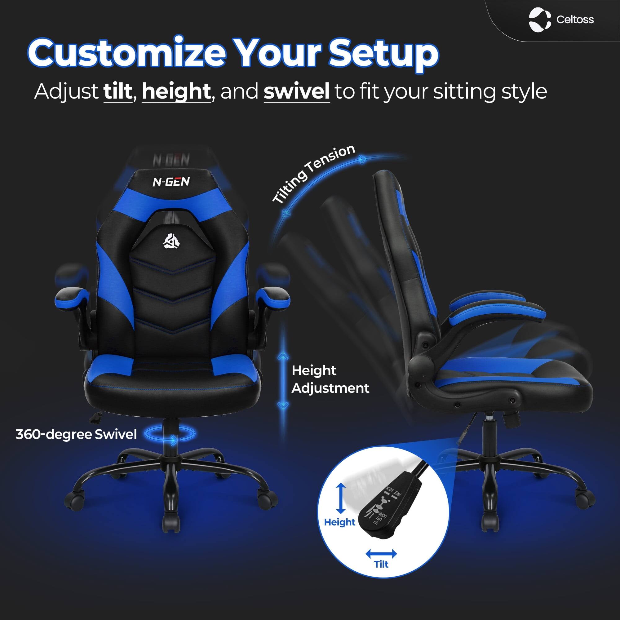 Customize Your Setup  
Adjust tilt, height, and swivel to fit your sitting style  

- Tilt Tension  
- Height Adjustment  
- 360-degree Swivel  

NBEN N-GEN  
Height  
Tilt