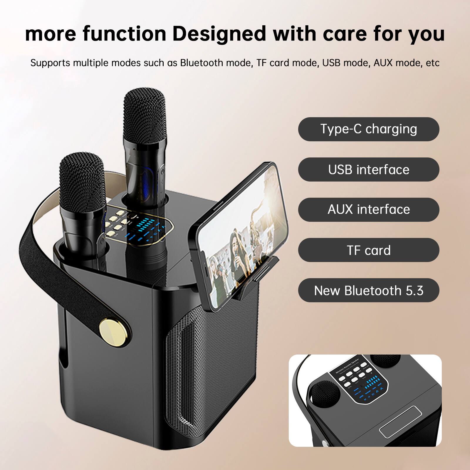 more function Designed with care for you

Supports multiple modes such as Bluetooth mode, TF card mode, USB mode, AUX mode, etc

- Type-C charging
- USB interface
- AUX interface
- TF card
- New Bluetooth 5.3