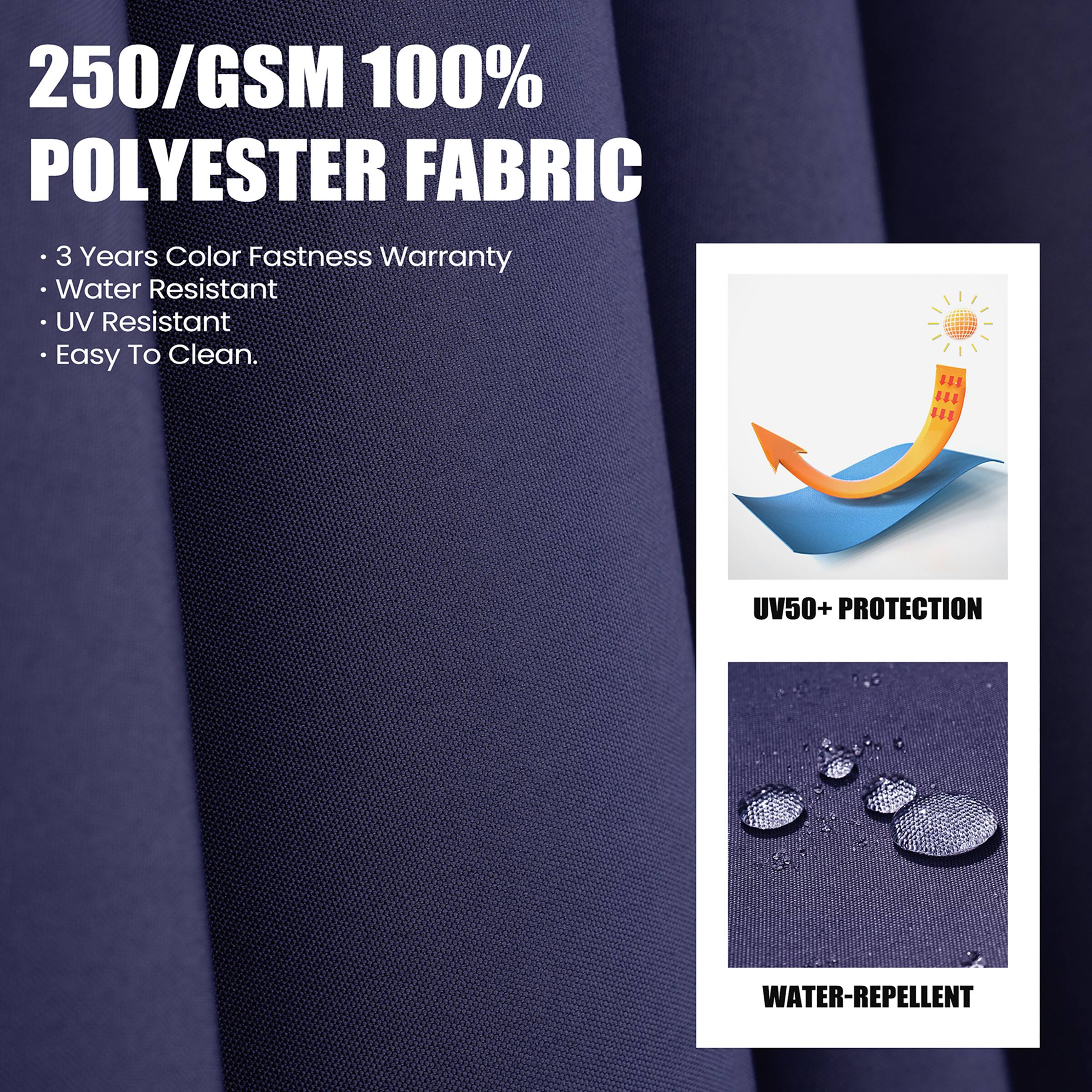 250/GSM 100% POLYESTER FABRIC

- 3 Years Color Fastness Warranty
- Water Resistant
- UV Resistant
- Easy To Clean.

UV50+ PROTECTION

WATER-REPELLENT
