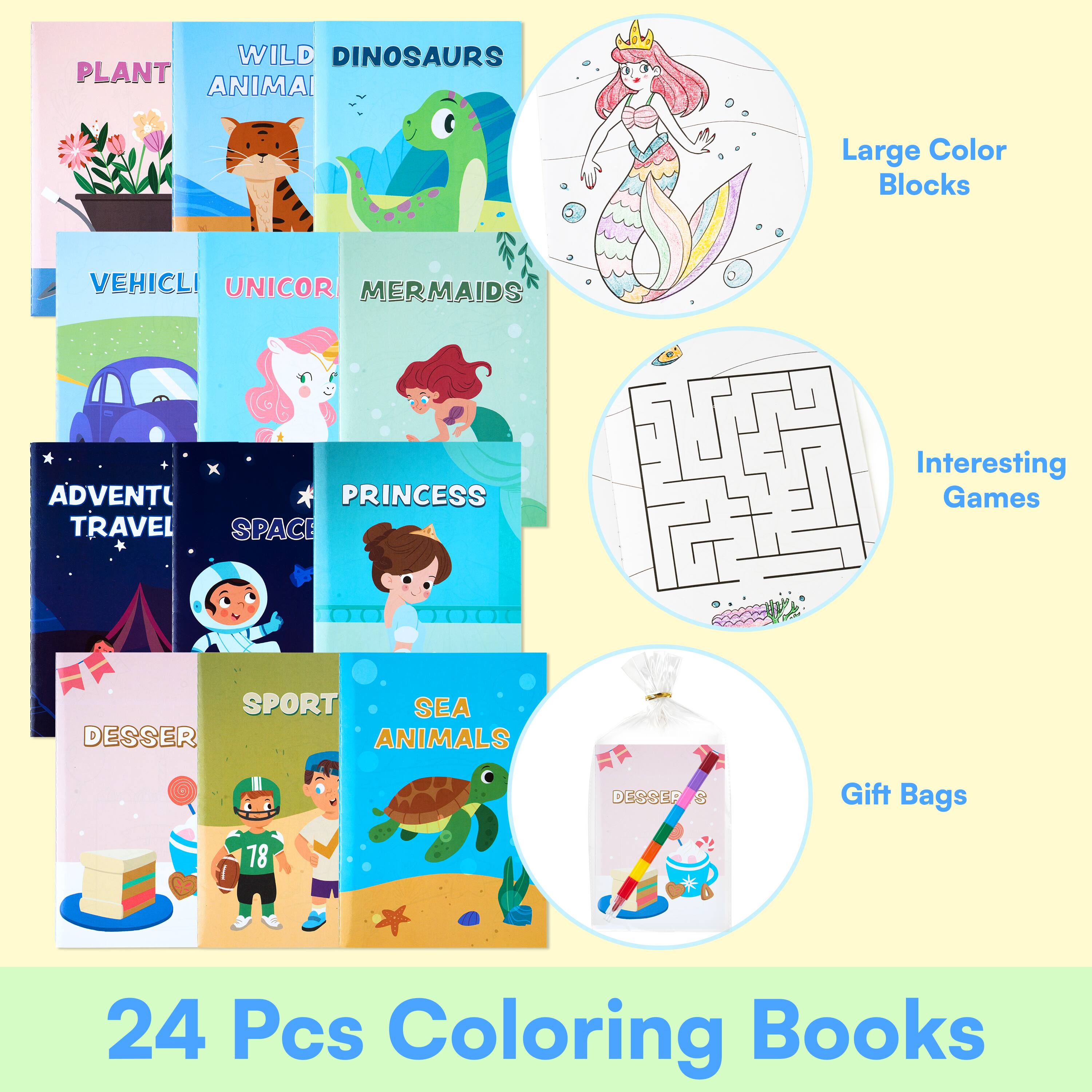 WILD DINOSAURS  
PLANT ANIMAL  
VEHICLI  
UNICOR  
MERMAIDS  
ADVENTURE TRAVEL  
PRINCESS  
SPACE  
SPORT  
SEA ANIMALS  
DESSER  
Large Color Blocks  
Interesting Games  
Gift Bags  
24 Pcs Coloring Books