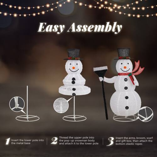 Easy Assembly

1. Insert the lower pole into the metal base.
2. Thread the upper pole into the pop-up snowman body and attach it to the lower pole.
3. Insert the arms, broom, scarf, and gift box, then attach the bottom elastic ropes.
