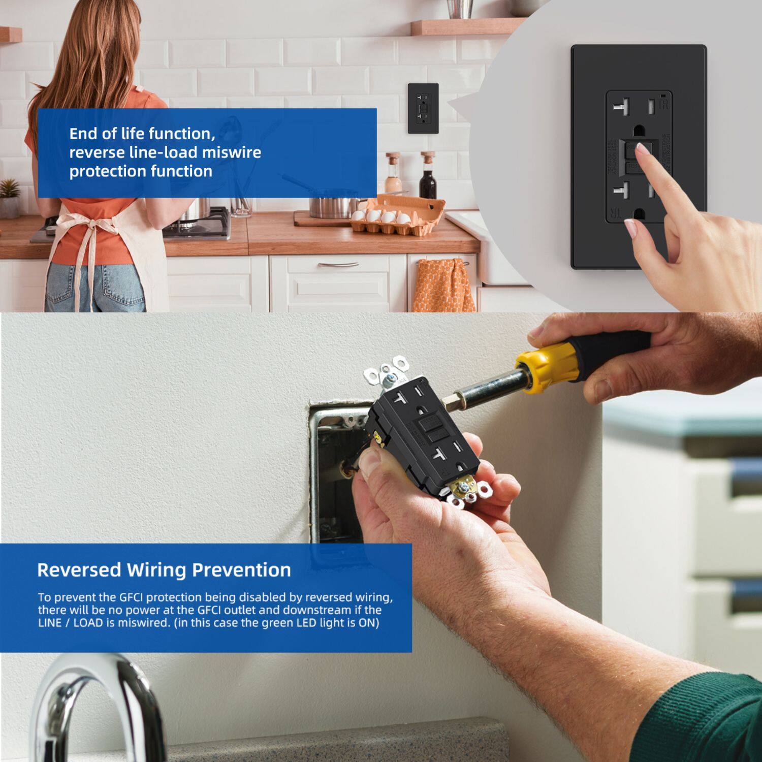 End of life function, reverse line-load miswire protection function

Reversed Wiring Prevention

To prevent the GFCI protection being disabled by reversed wiring, there will be no power at the GFCI outlet and downstream if the LINE / LOAD is miswired. (in this case the green LED light is ON)