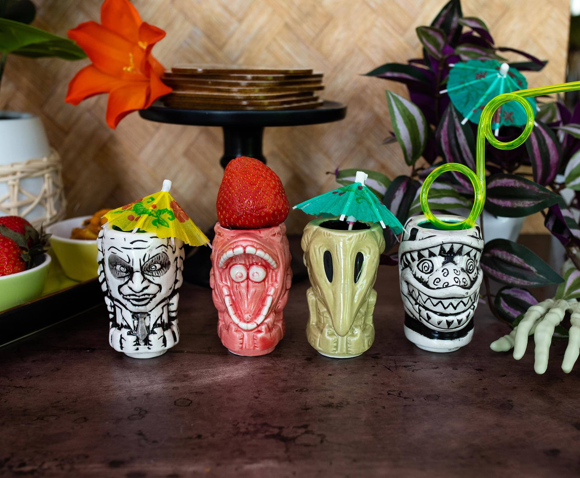 Alt View 2. ThinkGeek - Geeki Tikis Beetlejuice Muglets 4-Pack | Beetlejuice, Sandworm, Adam, Barbara - Brown.