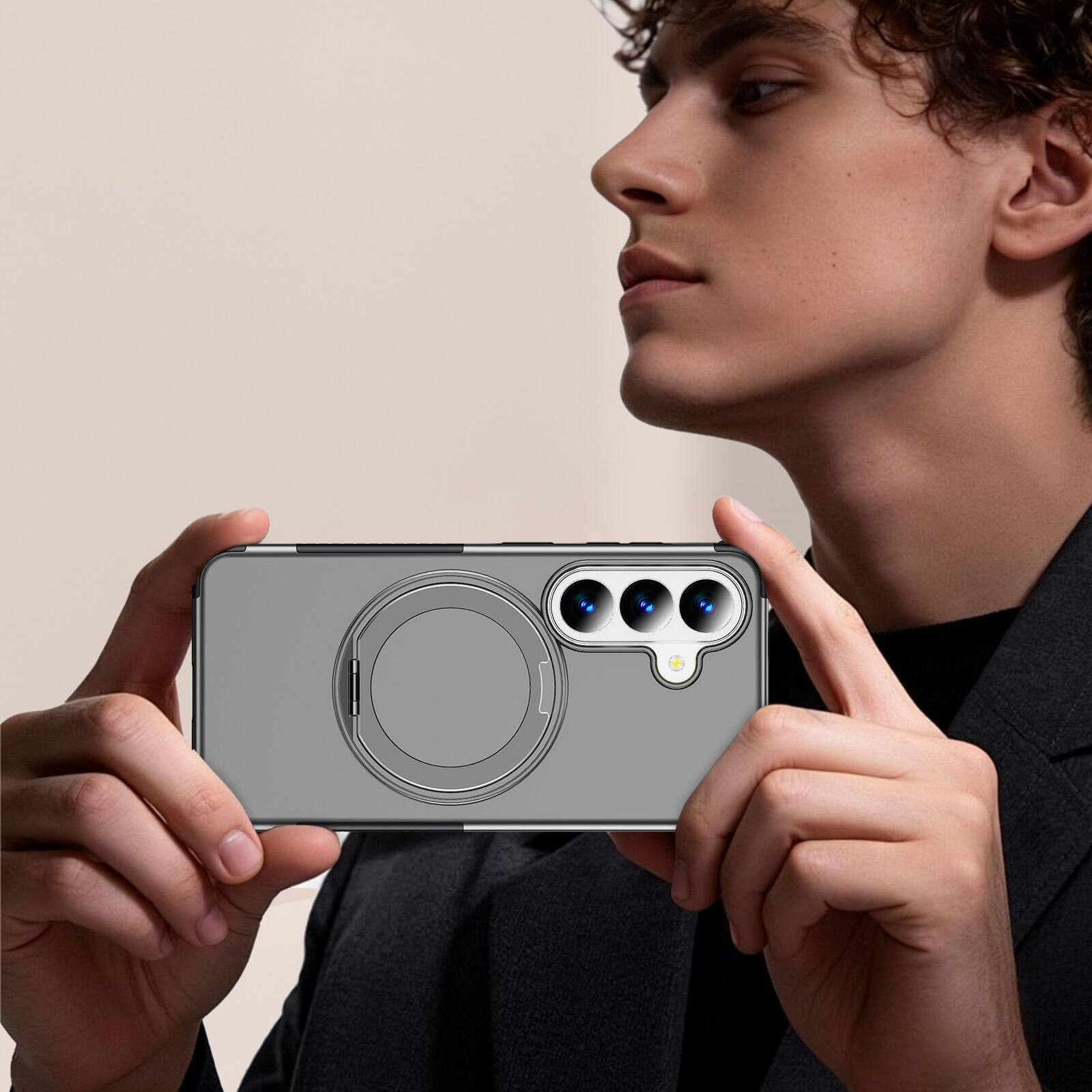 Angle. Dteck - Magnetic Shockproof Case for Samsung Galaxy S26, 360 Rotating Ring Stand Non Slip Cover with Raised Edge Protection - Silver.