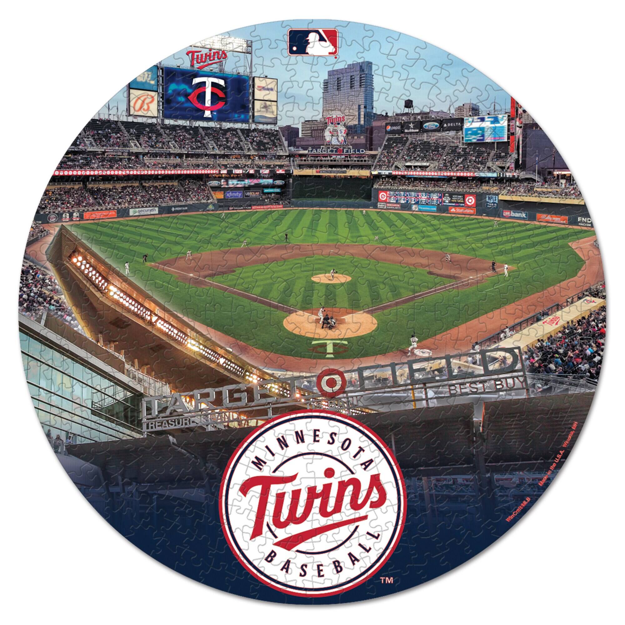 Twins B Turins are at Target Field. The text includes:

- Twins
- Target Field
- Minnesota Twins Baseball
- Best Buy
- U.S. Bank
- Find
- Minnesota
- REASURCES BRAND
- Minnesota Twins Baseball