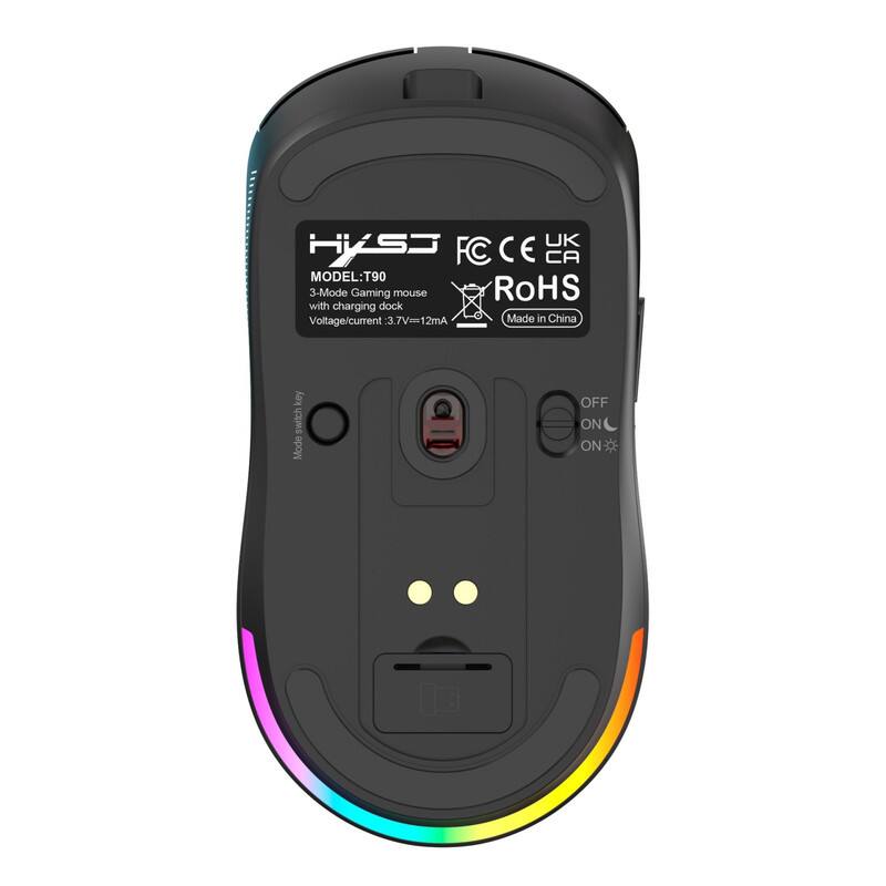 HKSS UK FC CE CA  
MODEL: T90  
3-Mode Gaming mouse with charging dock  
Voltage/current: 3.7V=12mA  
RoHS  
Made in China  
Modeswitch key  
OFF ON ON