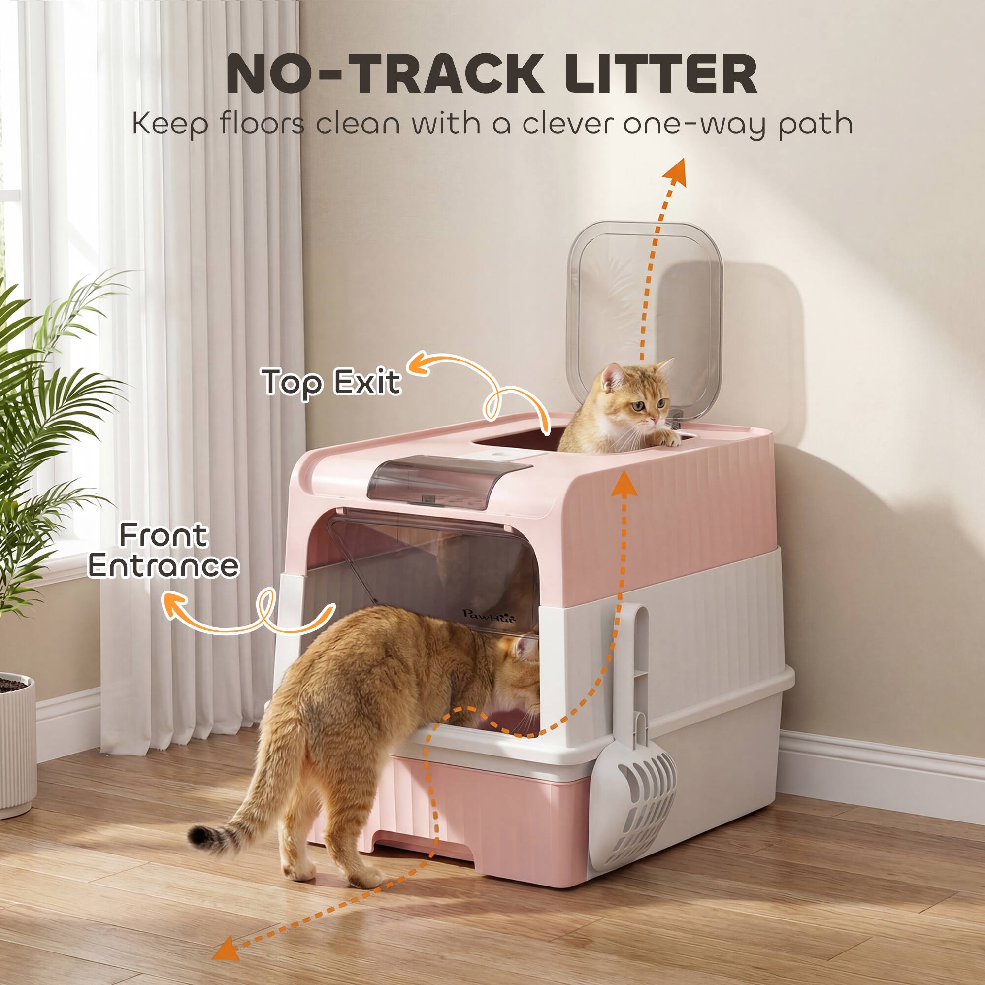 NO-TRACK LITTER  
Keep floors clean with a clever one-way path  
Top Exit  
Front Entrance