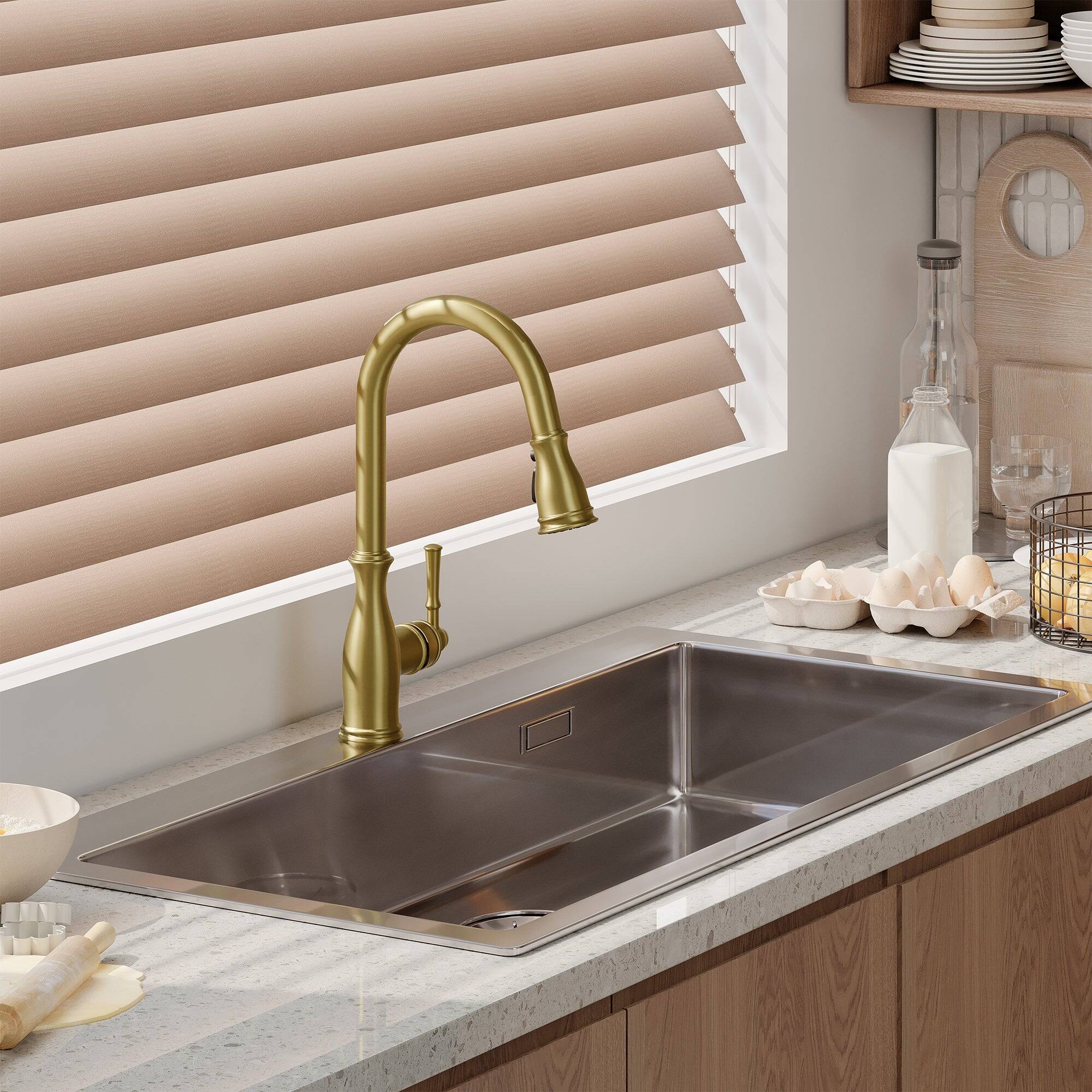 Alt View 3. Boyel Living - 3-Spray Patterns Single Handle Pull Down Sprayer Kitchen Faucet with Deck Plate and Ceramic Cartridge in Brushed Gold - Brushed Gold.