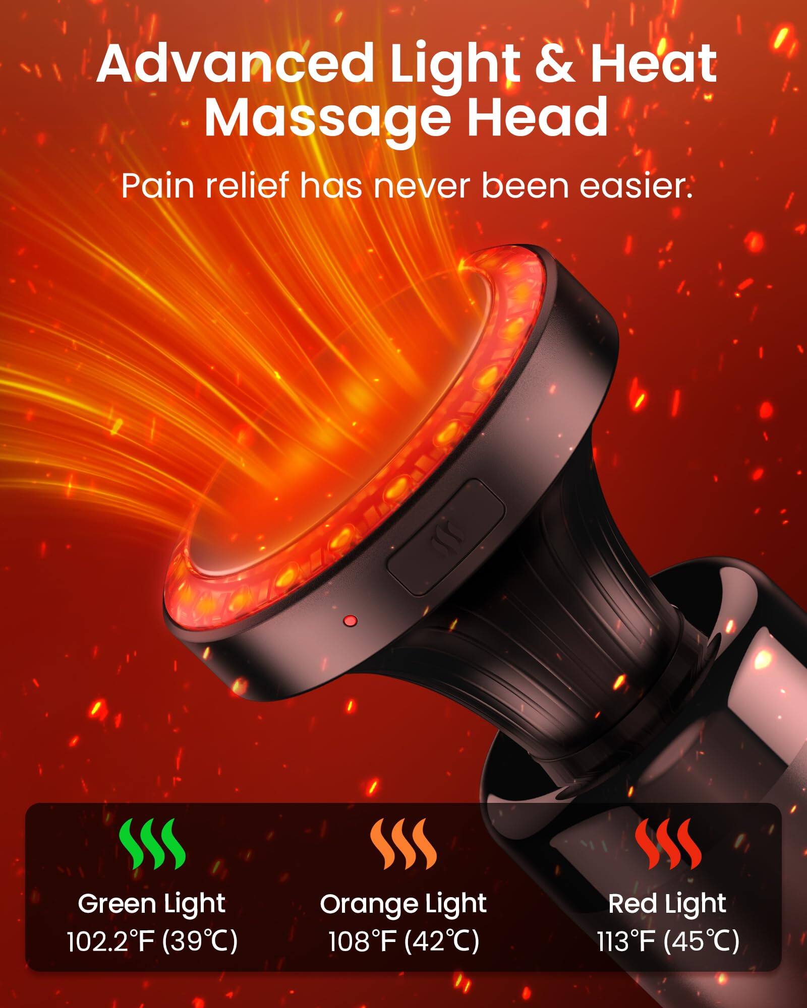 Advanced Light & Heat Massage Head  
Pain relief has never been easier.  

Green Light  
102.2°F (39°C)  

Orange Light  
108°F (42°C)  

Red Light  
113°F (45°C)