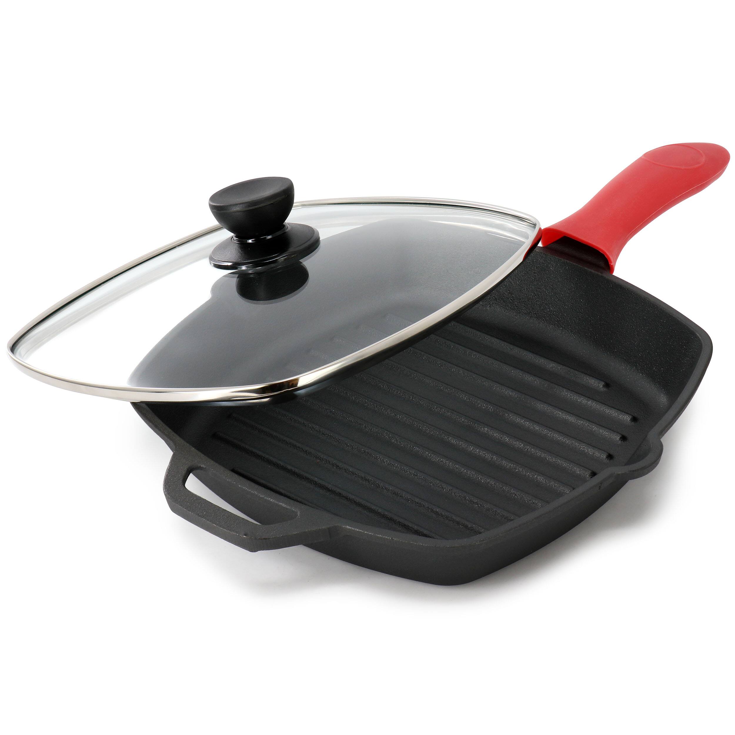 Alt View 2. MegaChef - MegaChef 10.4 Inch Pre-Seasoned Cast Iron Griddle with Tempered Glass Lid - Black and Red.