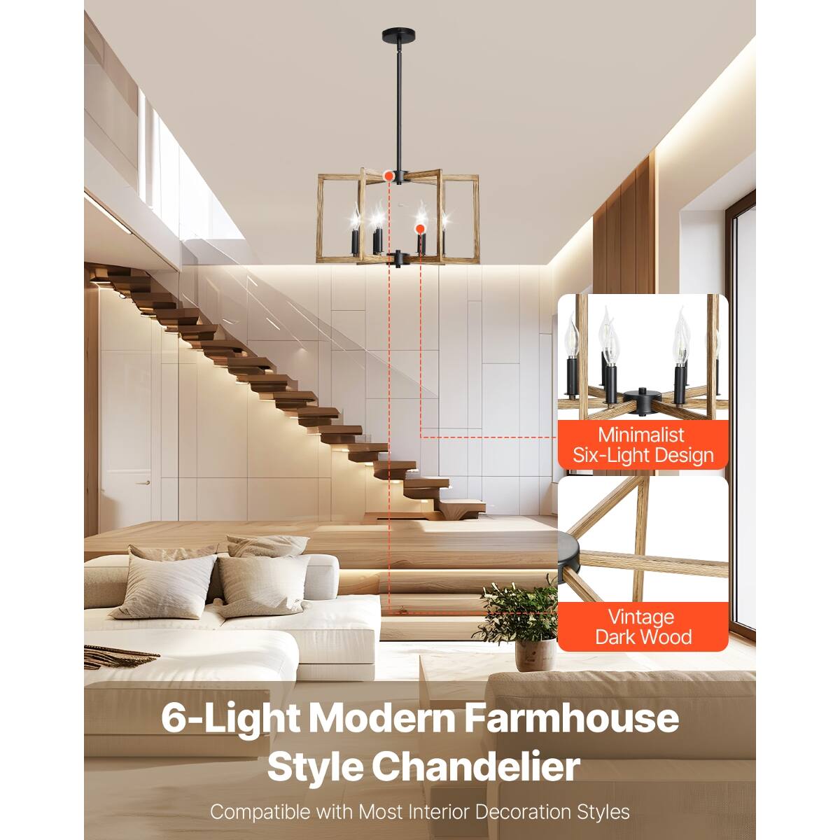 Minimalist Six-Light Design  
Vintage Dark Wood  
6-Light Modern Farmhouse Style Chandelier  
Compatible with Most Interior Decoration Styles