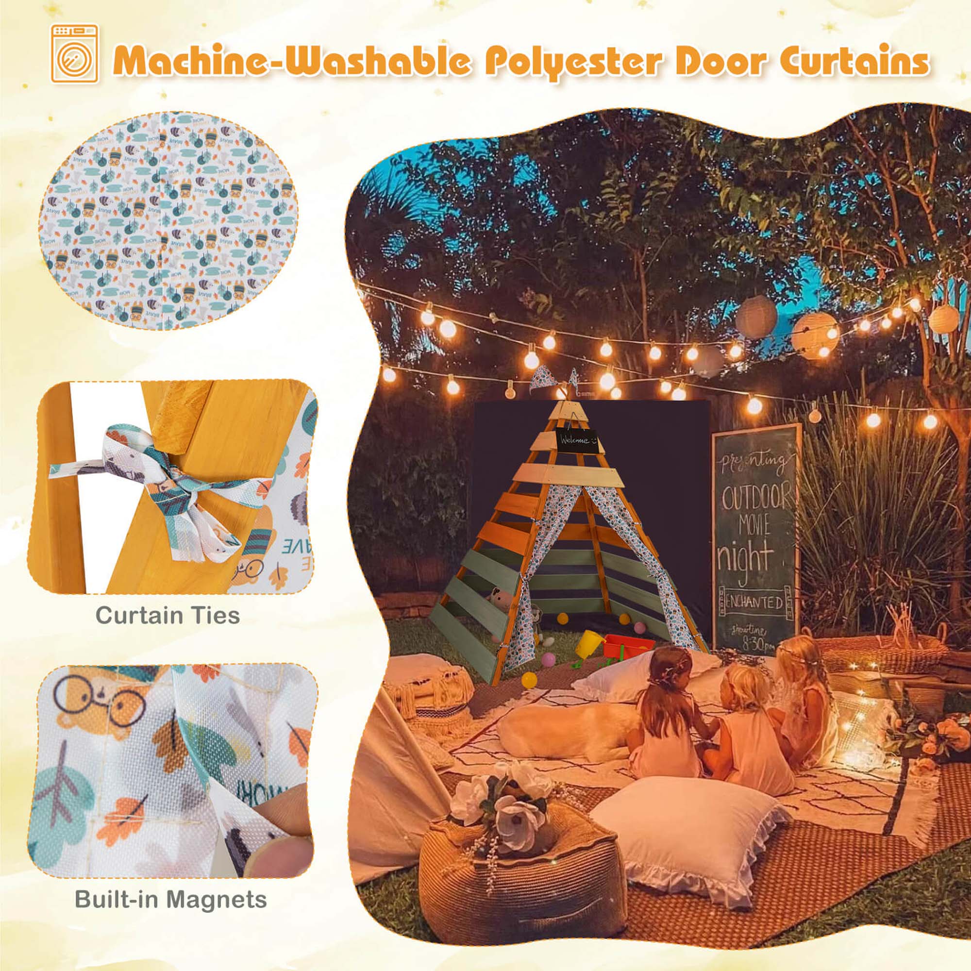 Machine-Washable Polyester Door Curtains

- Curtain Ties
- Built-in Magnets

Presenting
OUTDOOR MOVIE NIGHT
ENCHANTED
8:30pm