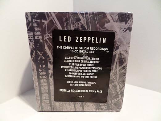 LED ZEPPELIN THE COMPLETE STUDIO RECORDINGS 10-CD BOXED SET ALL NINE LED ZEPPELIN'S STUDIO ALBUMS IN THEIR ORIGINAL SEQUENCE PLUS FOUR BONUS TRACKS. EXTENSIVE DELUXE PACKAGING REPRODUCING ALL ORIGINAL LP ARTWORK IN COLOR. BOOKLET WITH AN ESSAY BY CAMERON CROWE AND RARE PHOTOS. MY CLASSIC ALBUMS THAT HAVE NEVER SOUNDED BETTER. DIGITALLY REMASTERED BY JIMMY PAGE 82526-2