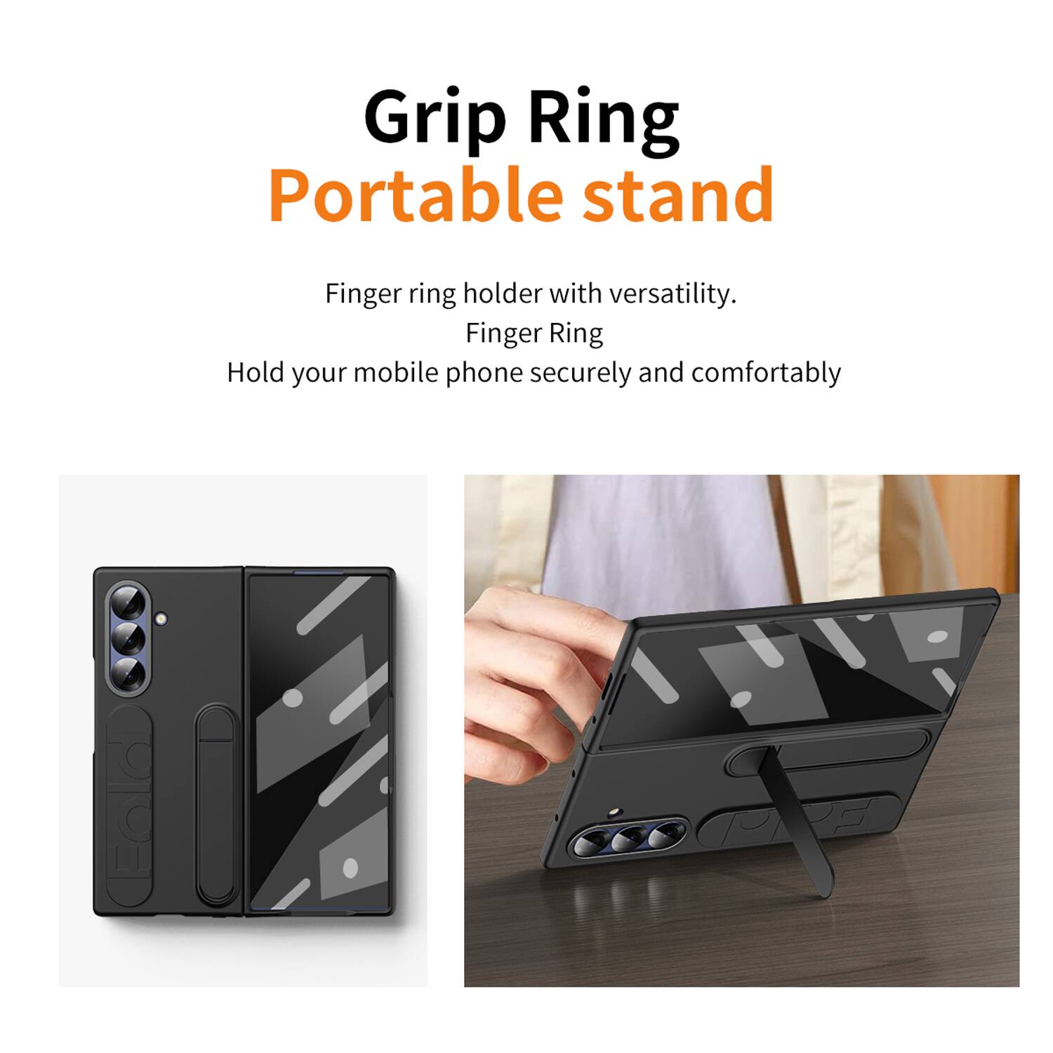 Grip Ring Portable Stand

Finger ring holder with versatility.  
Finger Ring  
Hold your mobile phone securely and comfortably
