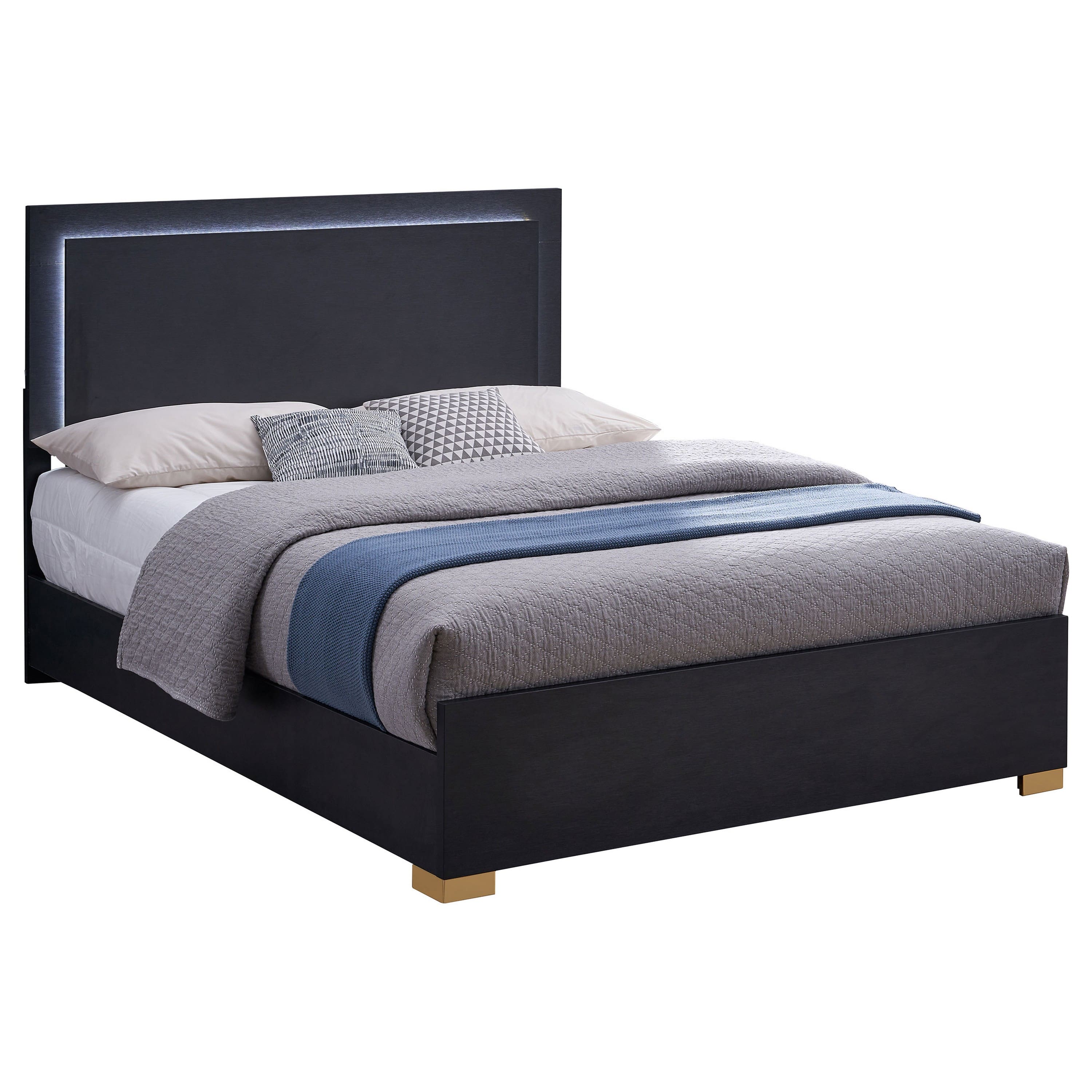 Manhattan Lane - Dex Full Size Bed with LED Framed Headboard, Black Wood Finish, Gold Legs - Black/Gold