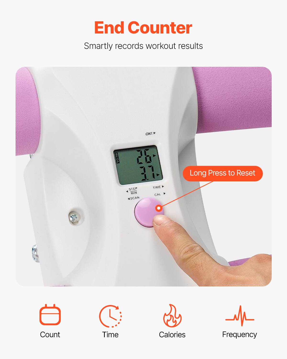 End Counter  
Smartly records workout results  

Long Press to Reset  

Count  
Time  
Calories  
Frequency