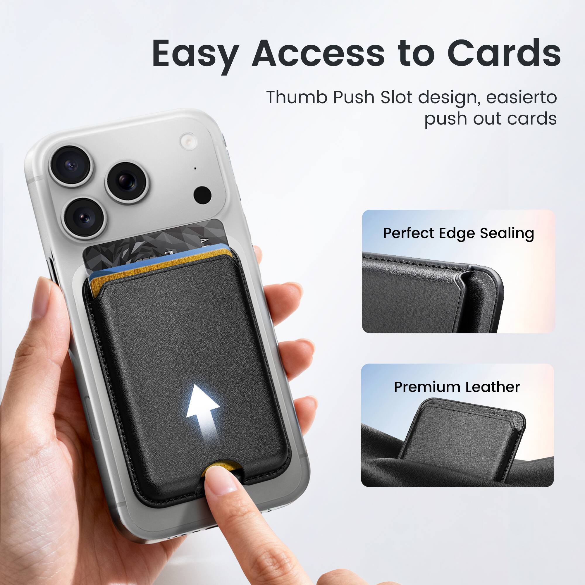 Easy Access to Cards  
Thumb Push Slot design, easier to push out cards  

Perfect Edge Sealing  

Premium Leather