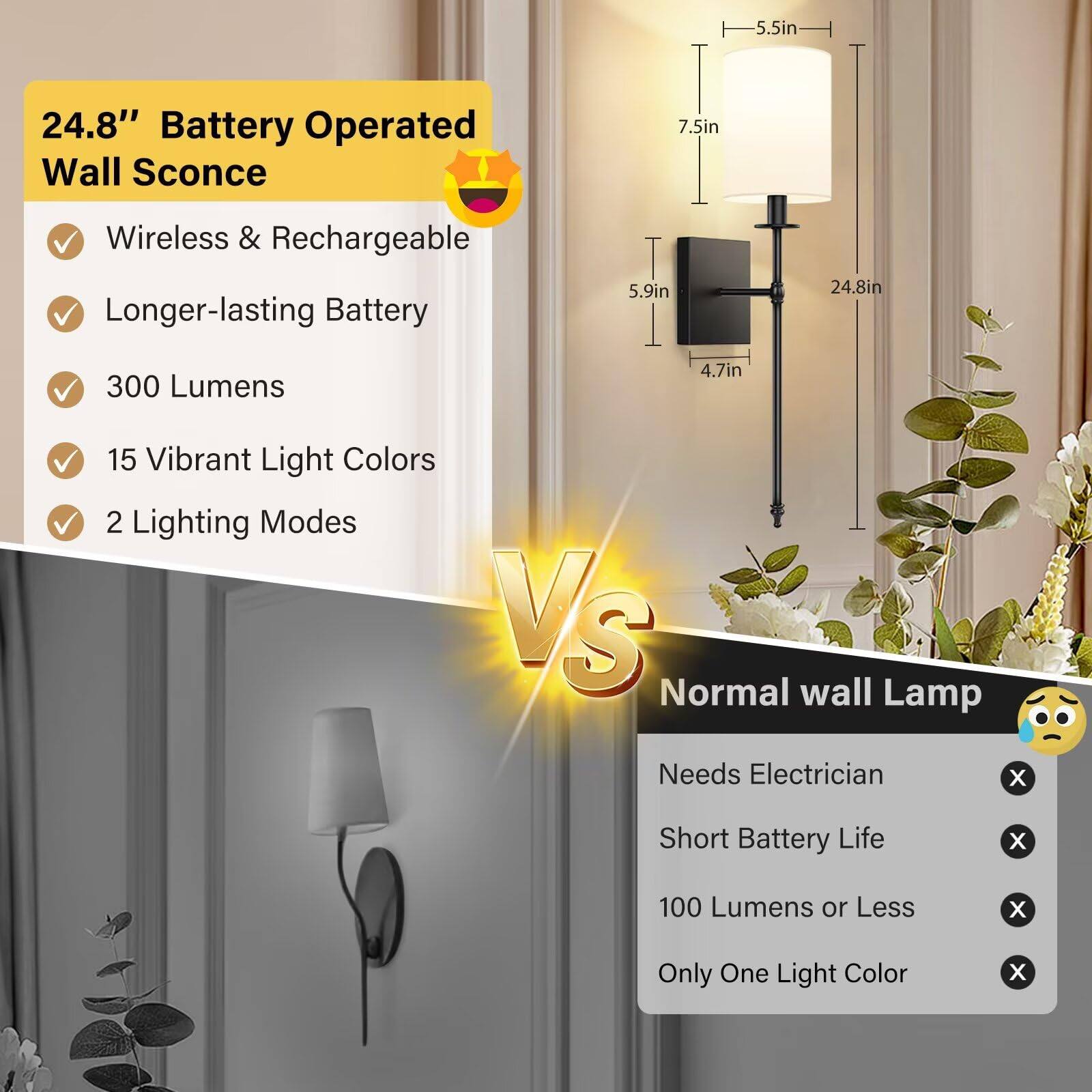 24.8" Battery Operated Wall Sconce

- Wireless & Rechargeable
- Longer-lasting Battery
- 300 Lumens
- 15 Vibrant Light Colors
- 2 Lighting Modes

VS

Normal wall Lamp

- Needs Electrician
- Short Battery Life
- 100 Lumens or Less
- Only One Light Color

Dimensions:
- 5.5in
- 7.5in
- 5.9in
- 4.7in
- 24.8in