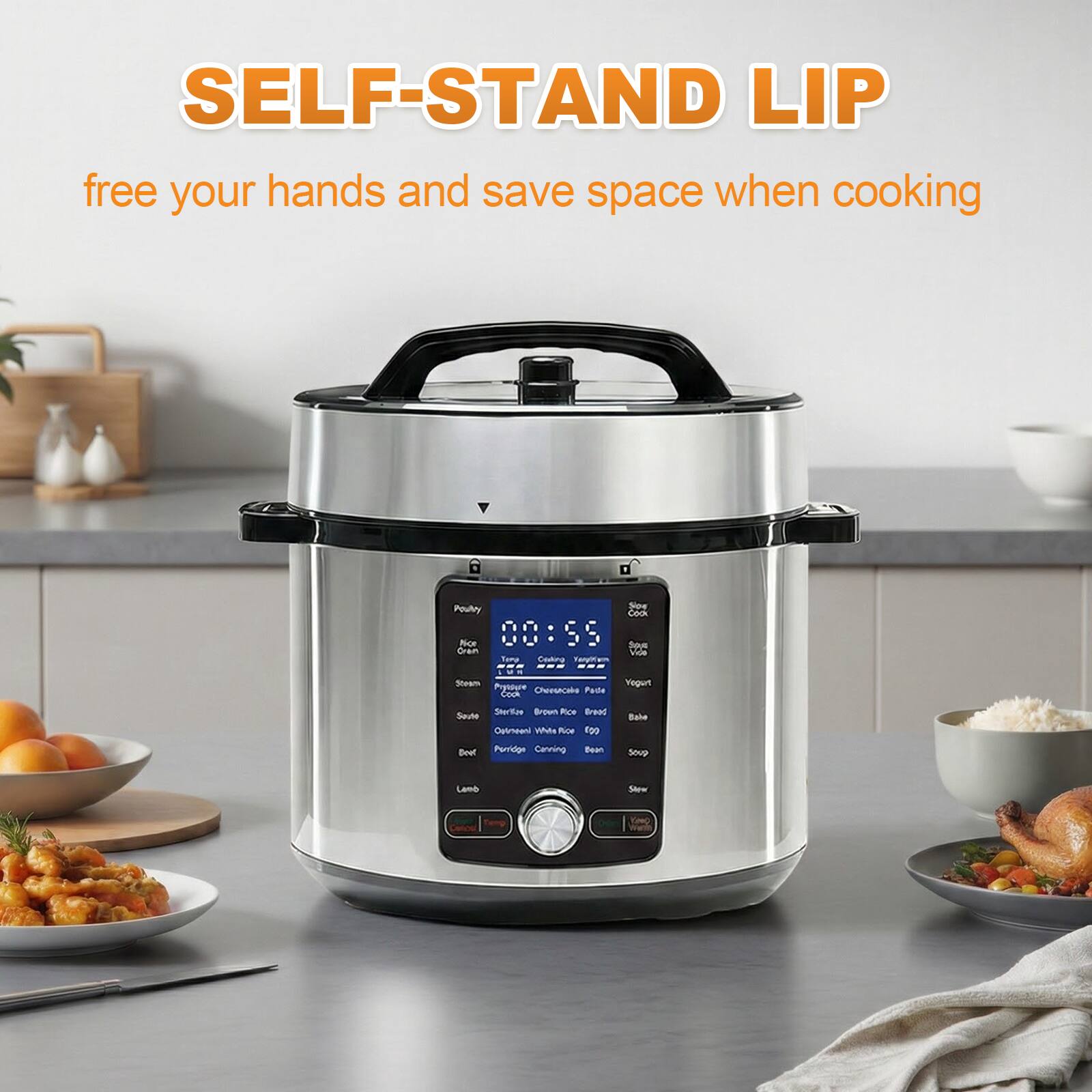 SELF-STAND LIP  
free your hands and save space when cooking  

Poultry  
Rice  
Grain  
Soup  
Cock  
Steamed  
Vegetables  
Bread  
Steak  
Baked  
Rice  
Bouf  
Purridge  
Canning  
Bean  
Lesb  
See