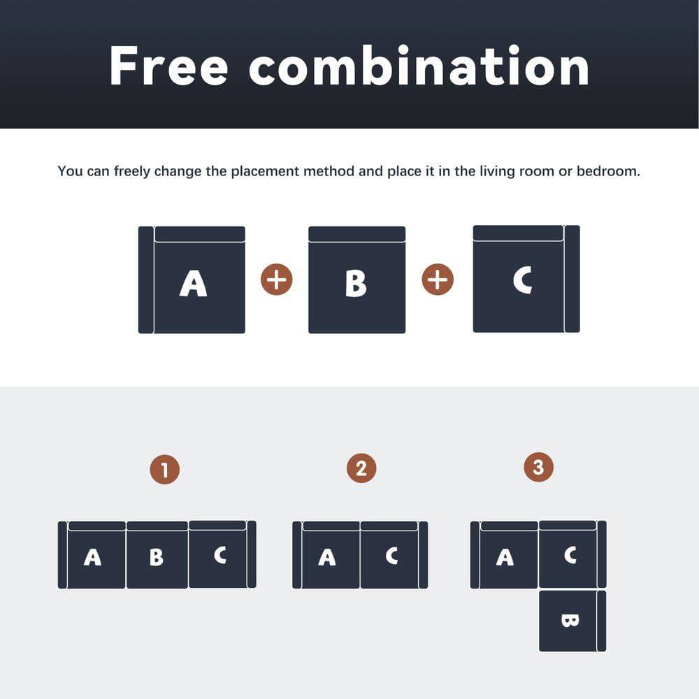 Free combination

You can freely change the placement method and place it in the living room or bedroom.

A + B + C

1. A B C
2. A C
3. A C