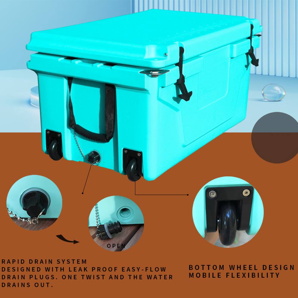OPEN RAPID DRAIN SYSTEM DESIGNED WITH LEAK PROOF EASY-FLOW DRAIN PLUGS. ONE TWIST AND THE WATER DRAINS OUT. BOTTOM WHEEL DESIGN MOBILE FLEXIBILITY.