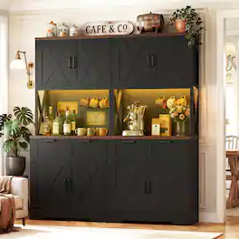 Aheaplus - 71'' Tall Kitchen Pantry Storage Cabinet: with 2 Drawers, Charging Station, and LED Lights, 2 Packs - Black & Rustic