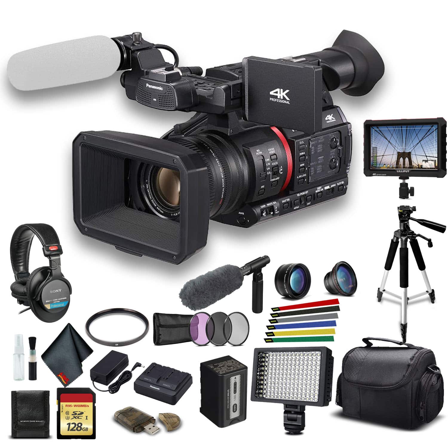 Panasonic - AG-CX350 4K Camcorder (AG-CX350) W/Padded Case, 128 GB Memory Card, Heavy Duty Tripod, Lens Filters, Sony Head