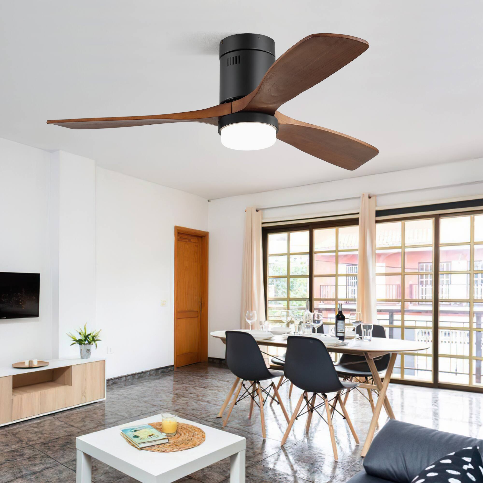 Alt View 3. Sofucor - 52'' Flush Mount Ceiling Fan with Lights 3 Wood Blades & Remote Outdoor Indoor Ceiling Fans for Bedroom/Farmhouse/Patio - Black -Wood.