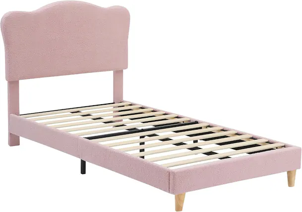 Front. Qeetex - Boucle Upholstered Kids Bed Frame with Adorable Headboard, Durable Wood Slats, Simple Assembly - Pink.