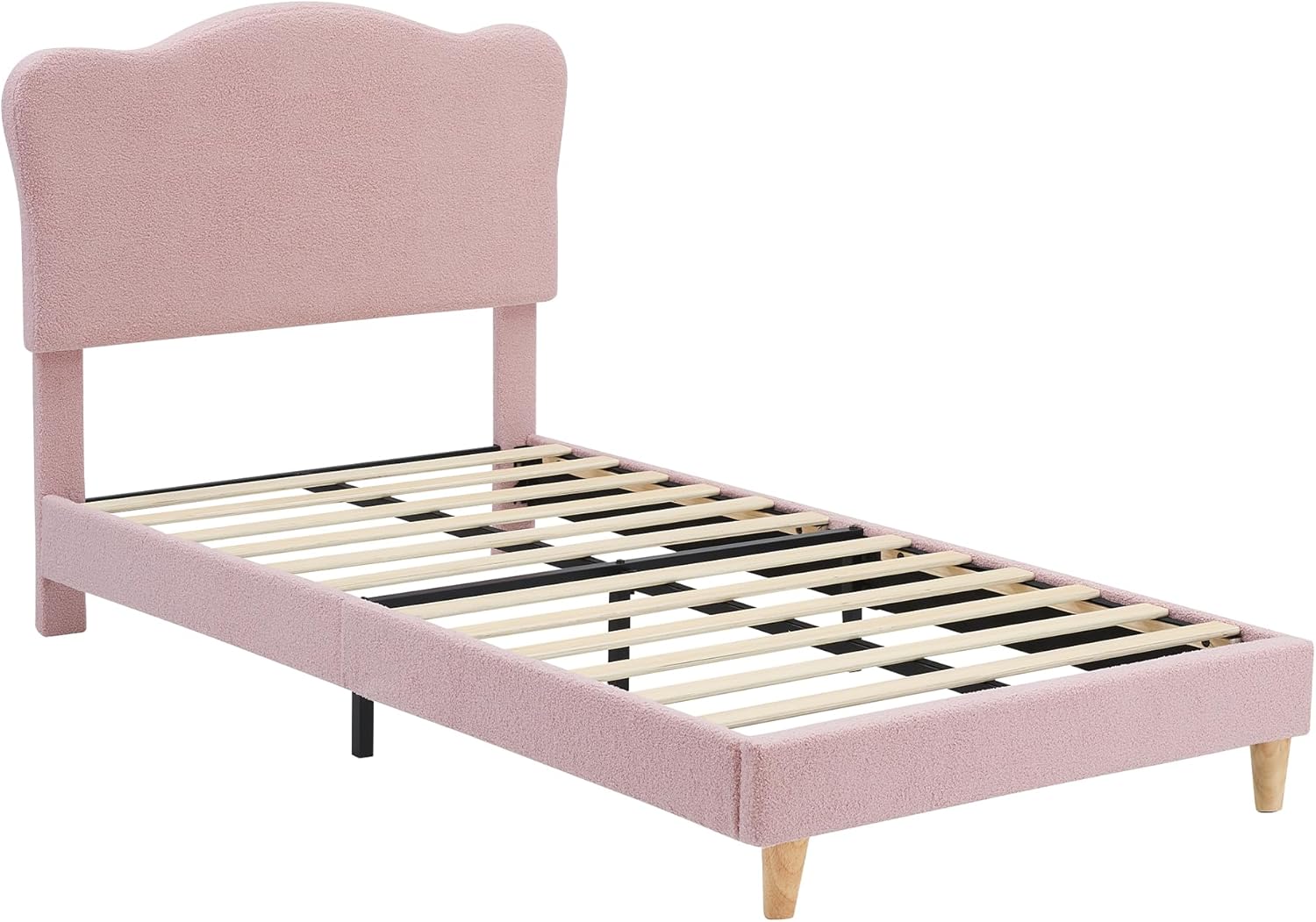 Front. Qeetex - Boucle Upholstered Kids Bed Frame with Adorable Headboard, Durable Wood Slats, Simple Assembly - Pink.