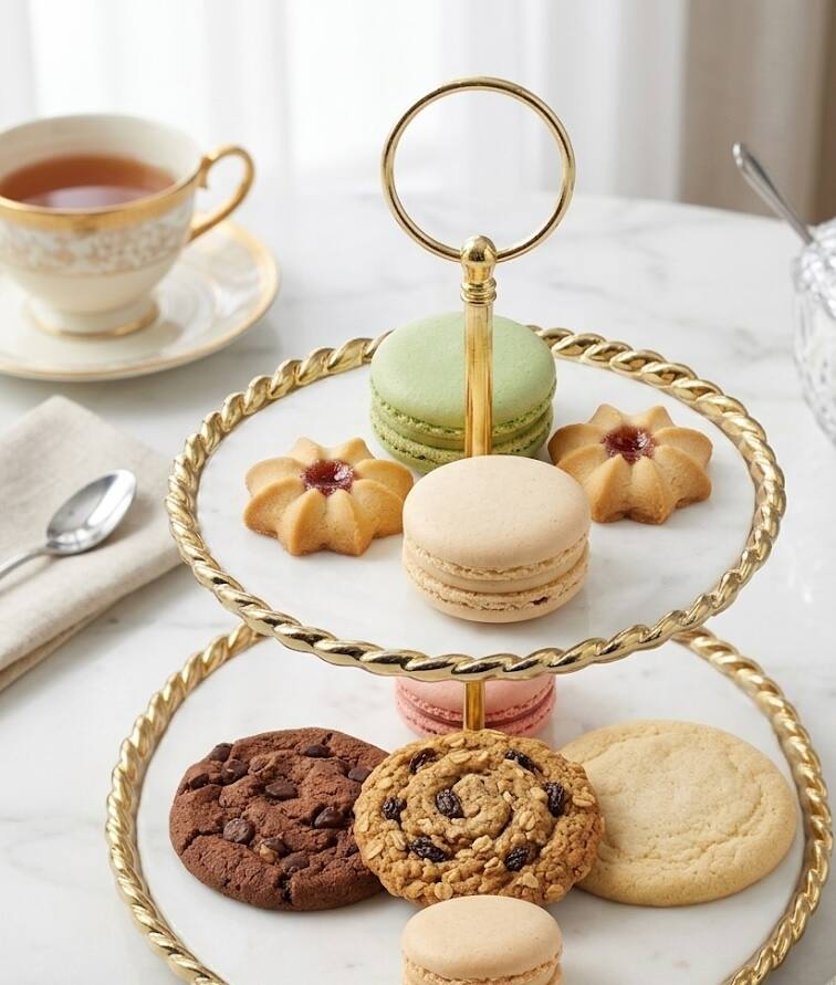 Alt View 1. Jiallo - 2-Tier Porcelain Cupcake & Dessert Stand with Gold Trim - White & Gold.