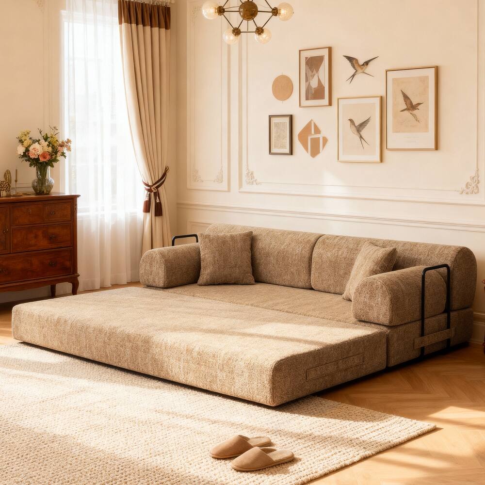 Left. Loheer - Loheer Convertible Sleeper Sofa Bed 4-in-1 Boucle Floor Couch Folding Mattress Sofa for Small Space Ochre - Ochre.