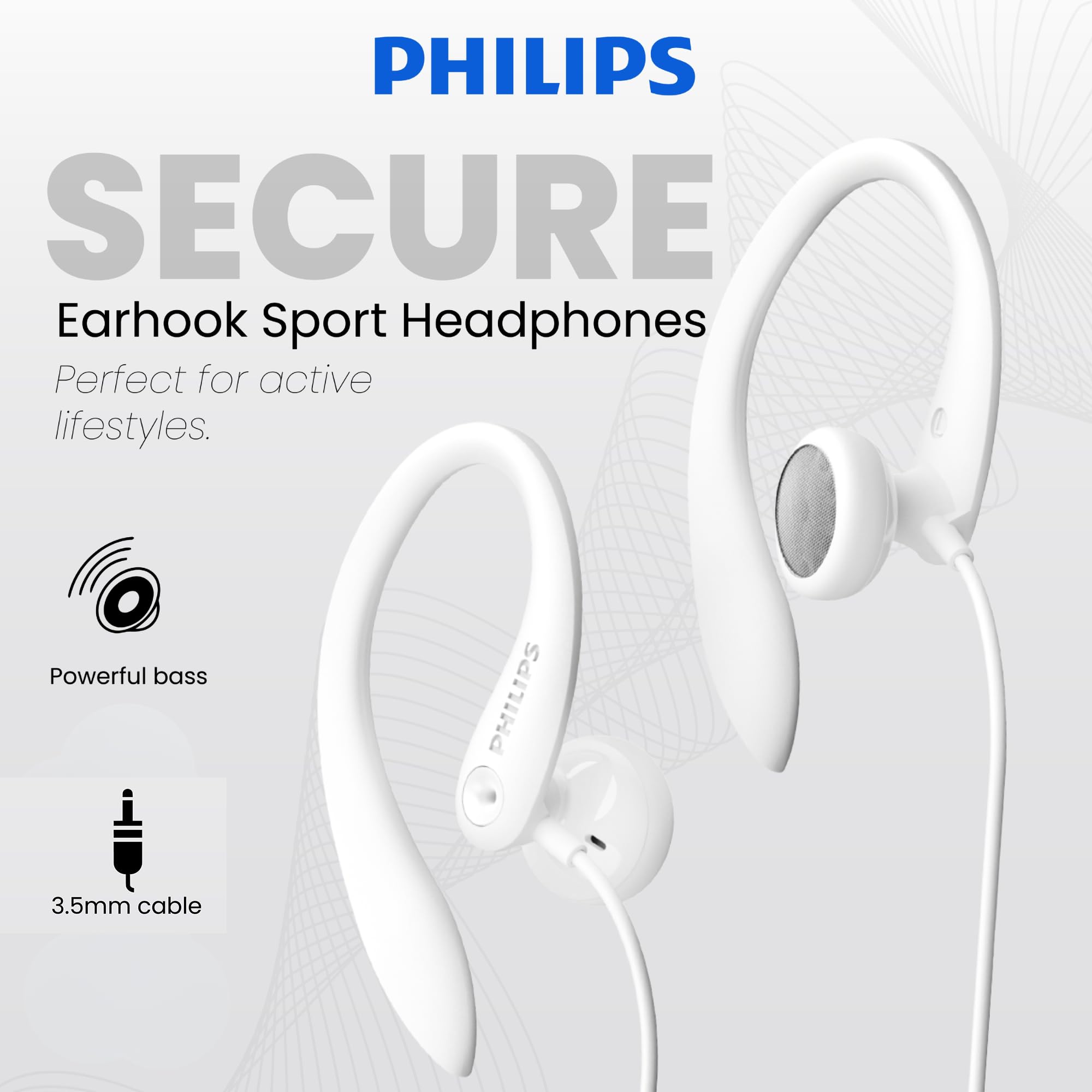 PHILIPS SECURE Earhook Sport Headphones Perfect for active lifestyles. Powerful bass PHILIPS 3.5mm cable