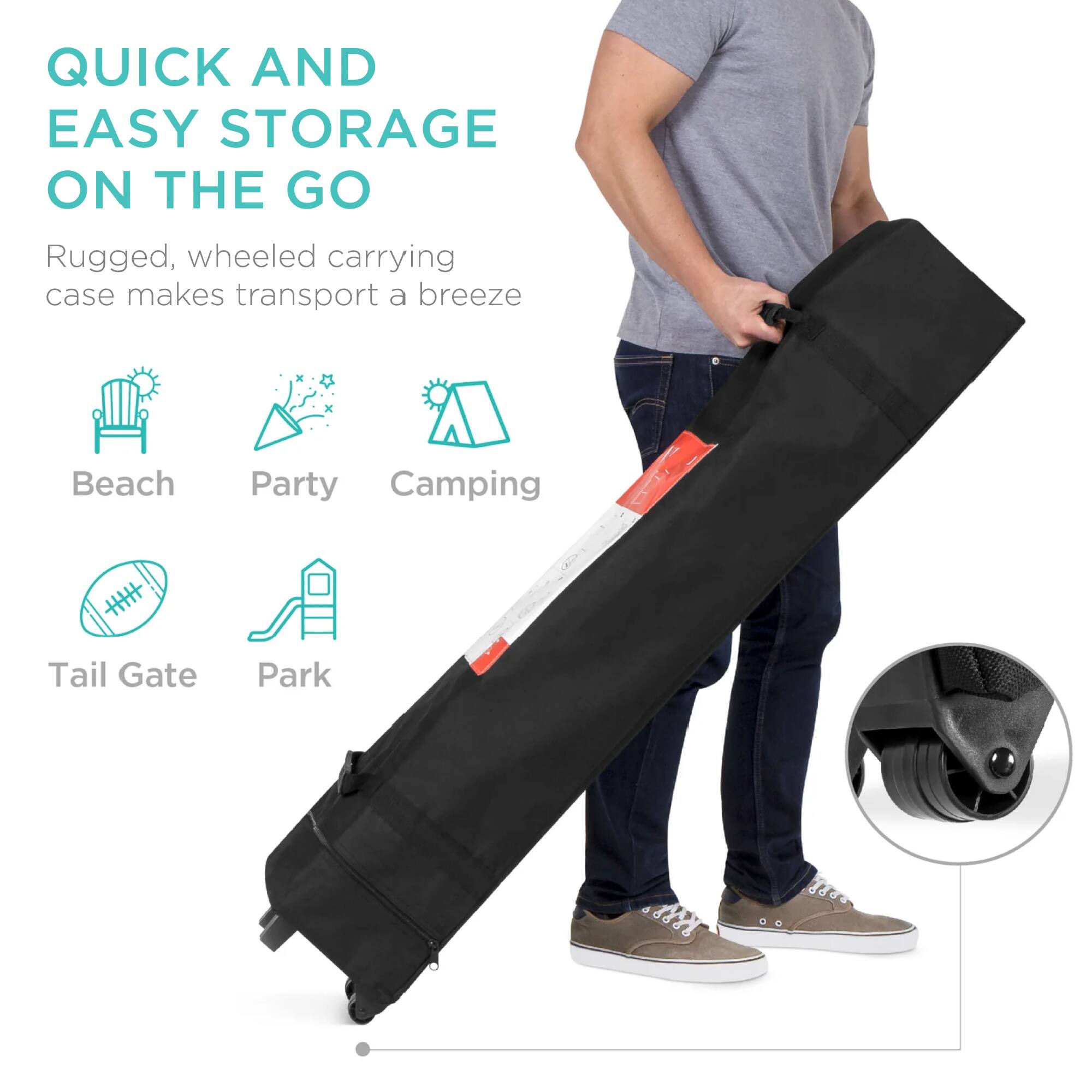 QUICK AND EASY STORAGE ON THE GO

Rugged, wheeled carrying case makes transport a breeze

- Beach
- Party
- Camping
- Tail Gate
- Park