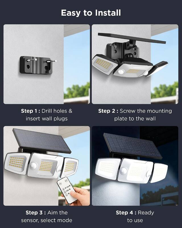 Easy to Install

Step 1: Drill holes & insert wall plugs

Step 2: Screw the mounting plate to the wall

Step 3: Aim the sensor, select mode

Step 4: Ready to use