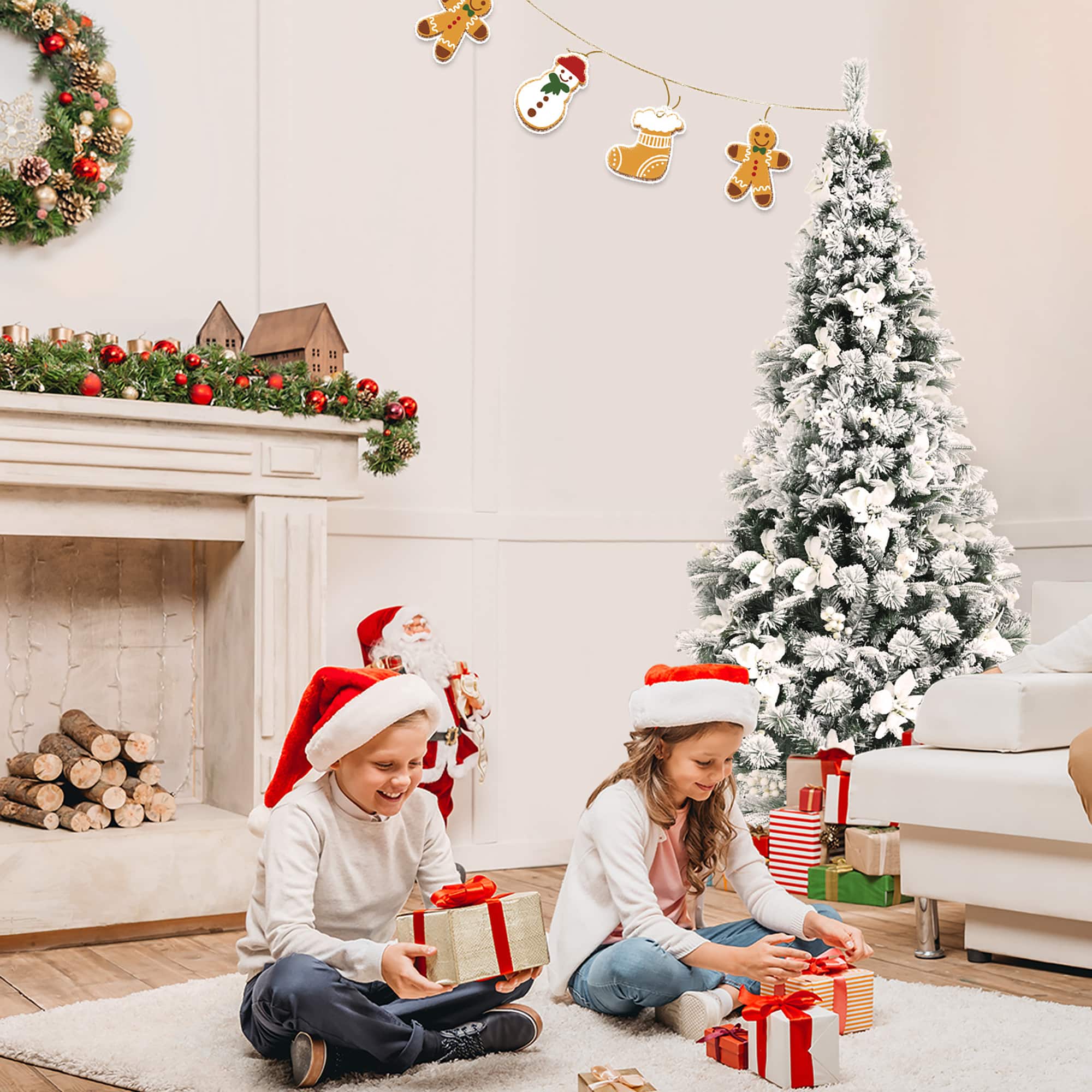 Alt View 13. Costway - 6ft Snow Flocked Hinged Christmas Tree w/Berries & Poinsettia Flowers - Green/White.