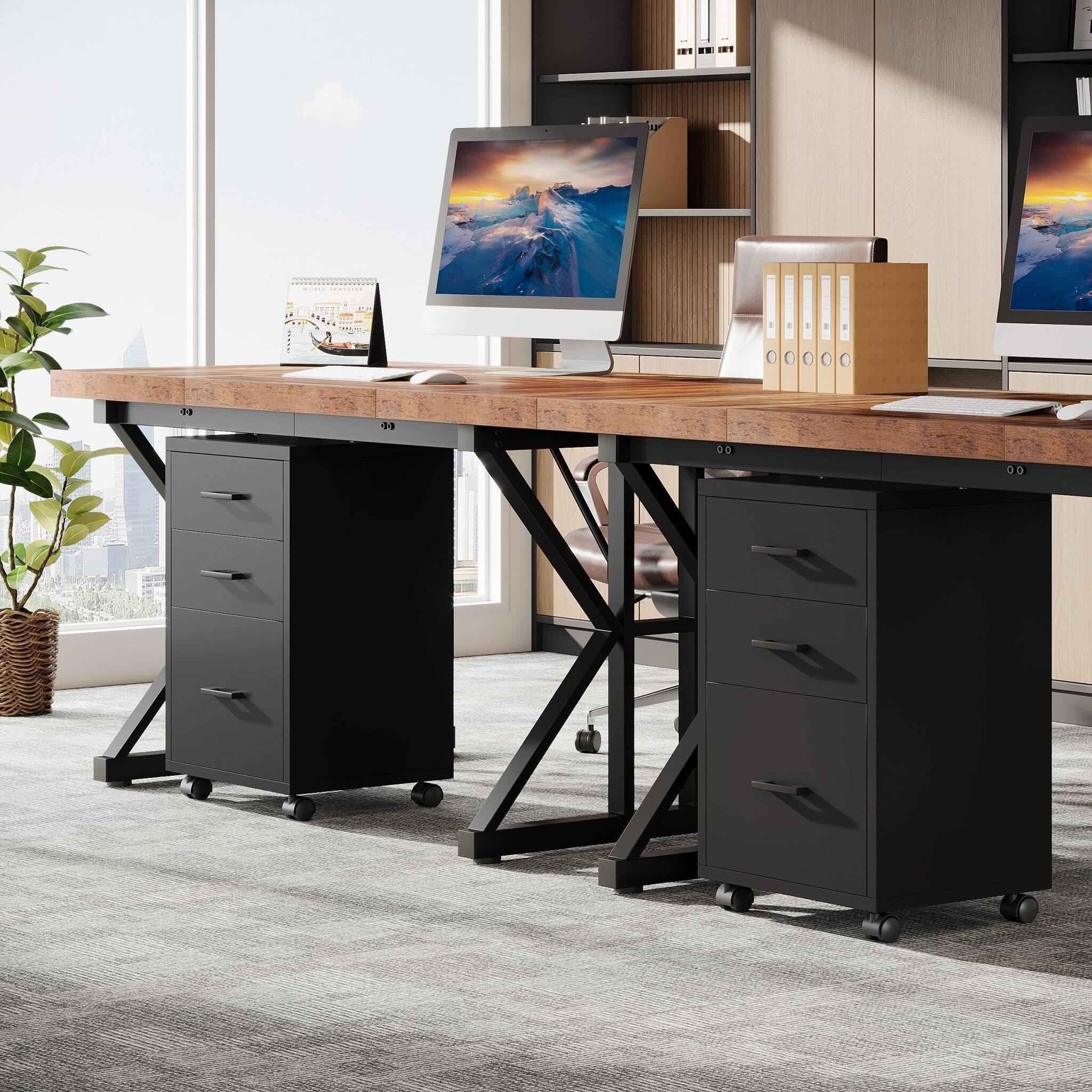 Alt View 1. Tribesigns - Office Computer Desk with Wooden Frame, Storage Drawers, for Computer Work, Writing and Study in Home Offices - Black.