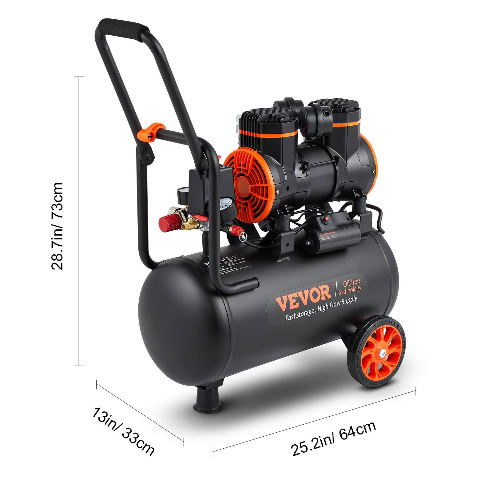 73cm 28.7in  
Oil-free VEVOR Technology High Flow Supply Fast storage,  
13in/ 33cm  
25.2in/ 64cm