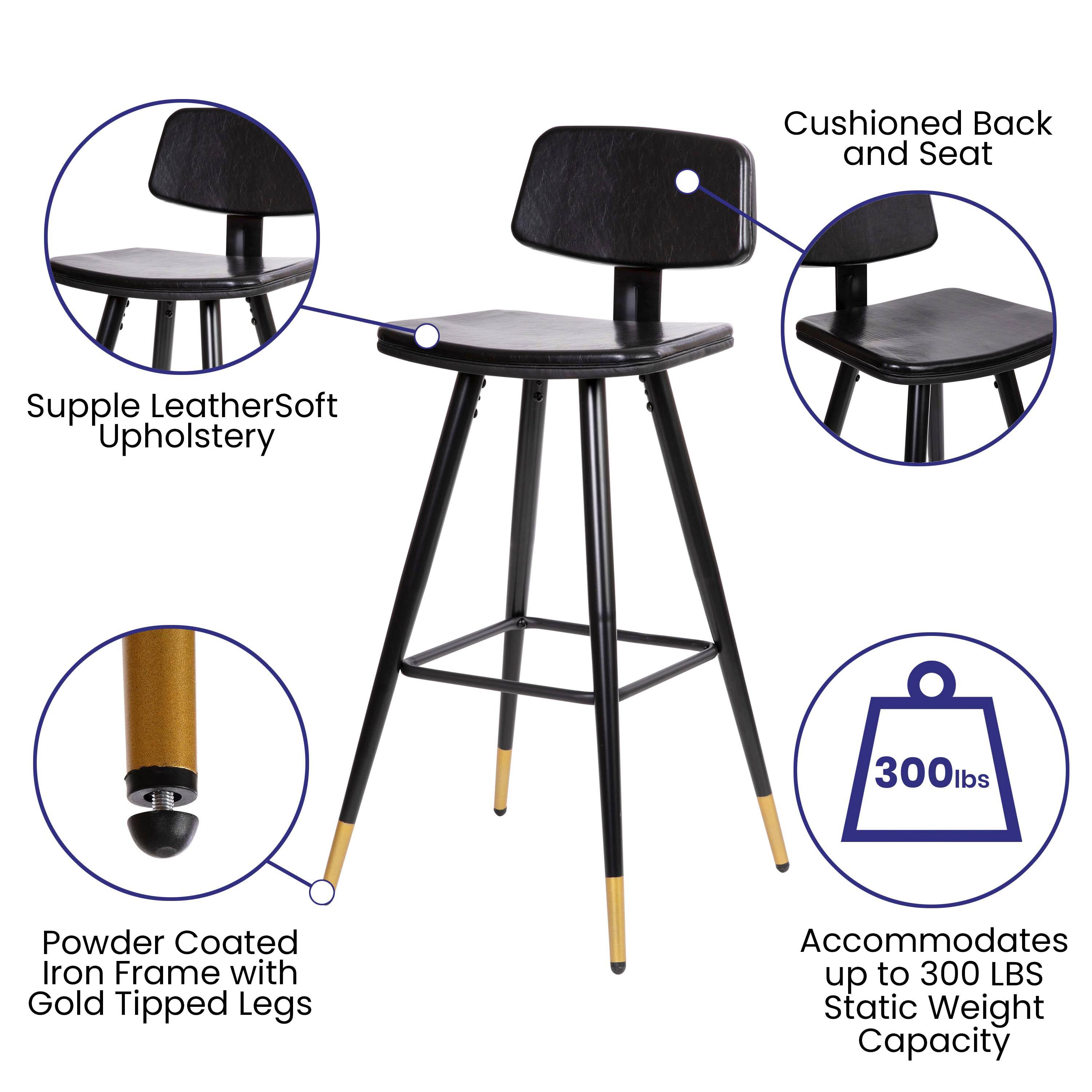 Cushioned Back and Seat  
Supple Leather Soft Upholstery  
300lbs Powder Coated Iron Frame with Gold Tipped Legs  
Accommodates up to 300 LBS Static Weight Capacity