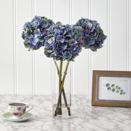 Front. BreeBe - 18" Hydrangea Artificial Arrangement in Glass Vase - Dark Blue.